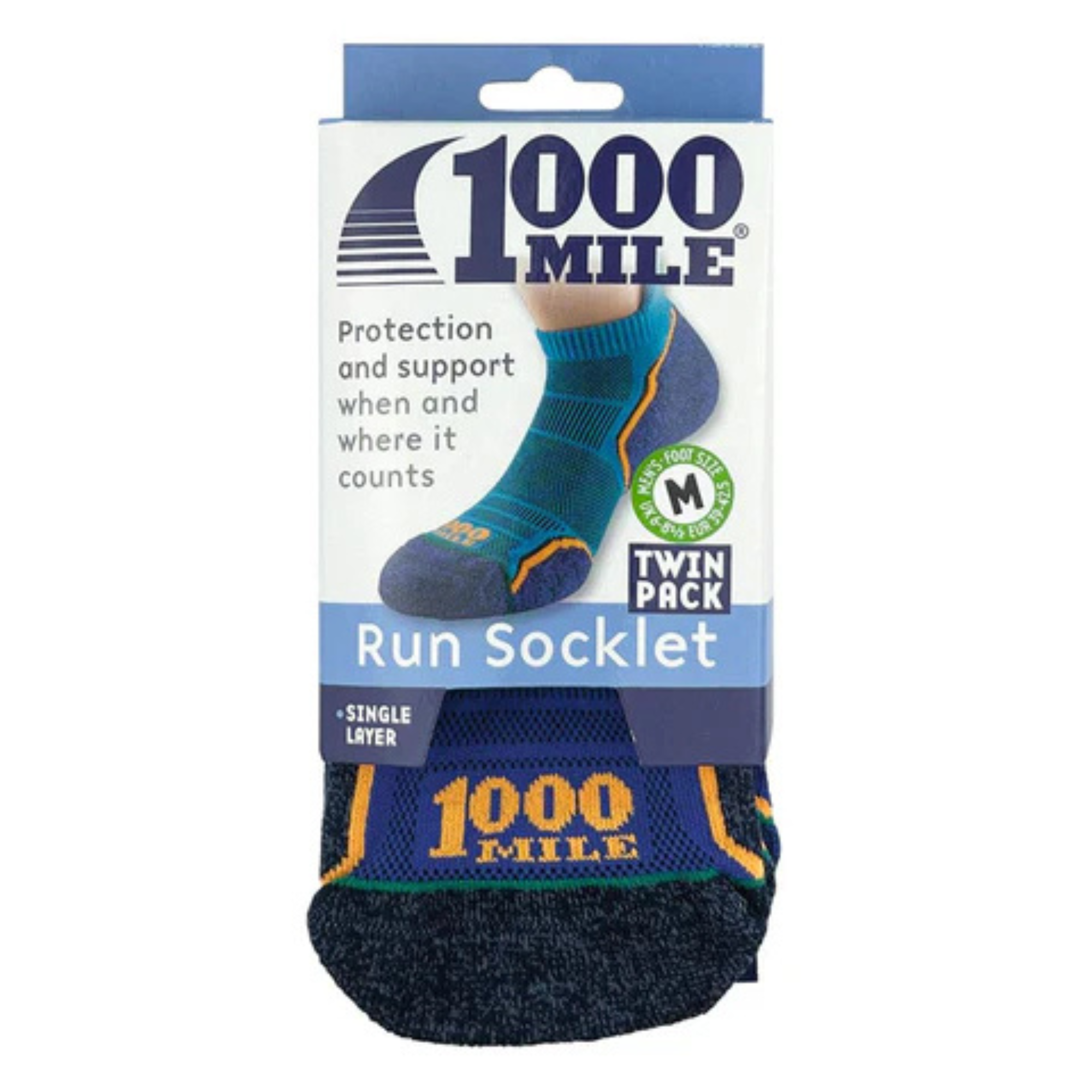 1000 Mile Men's Run Single Layer Socklet - 2 Pair Pack (Kingfisher Blue/Navy)