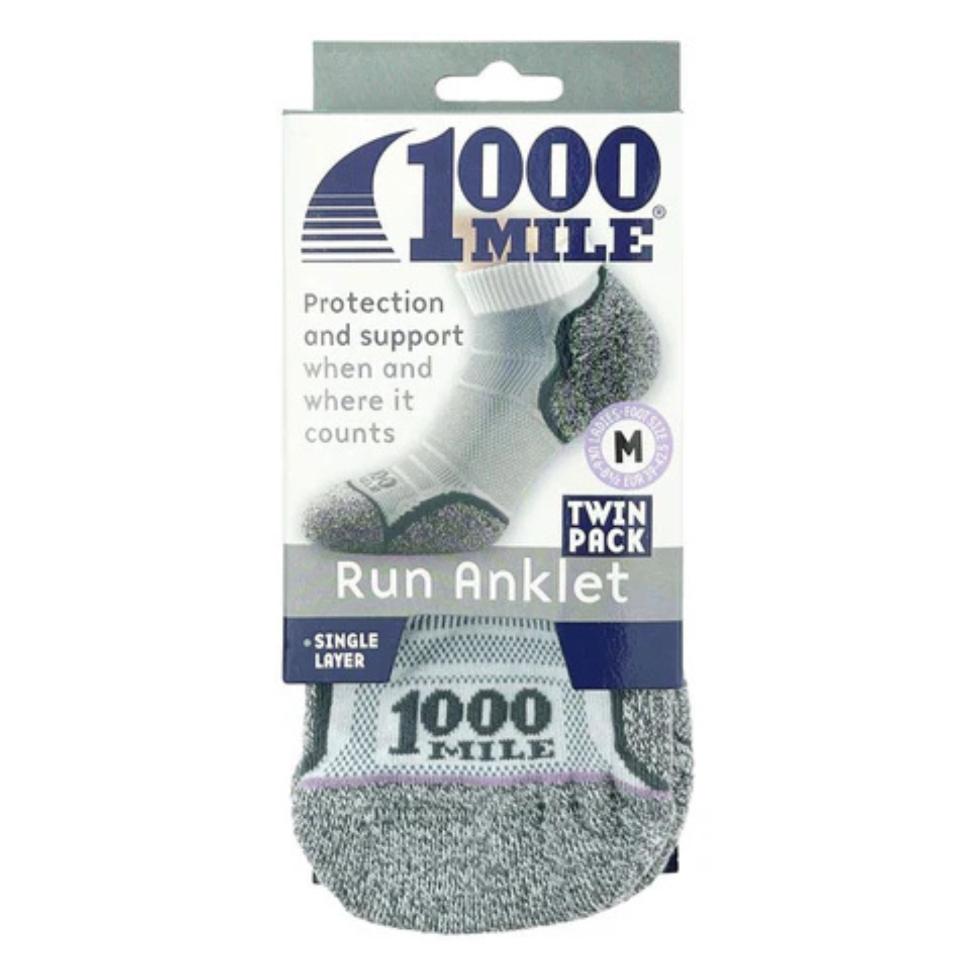 1000 Mile Men's Run Single Layer Anklet Socks - 2 Pair Pack (White)