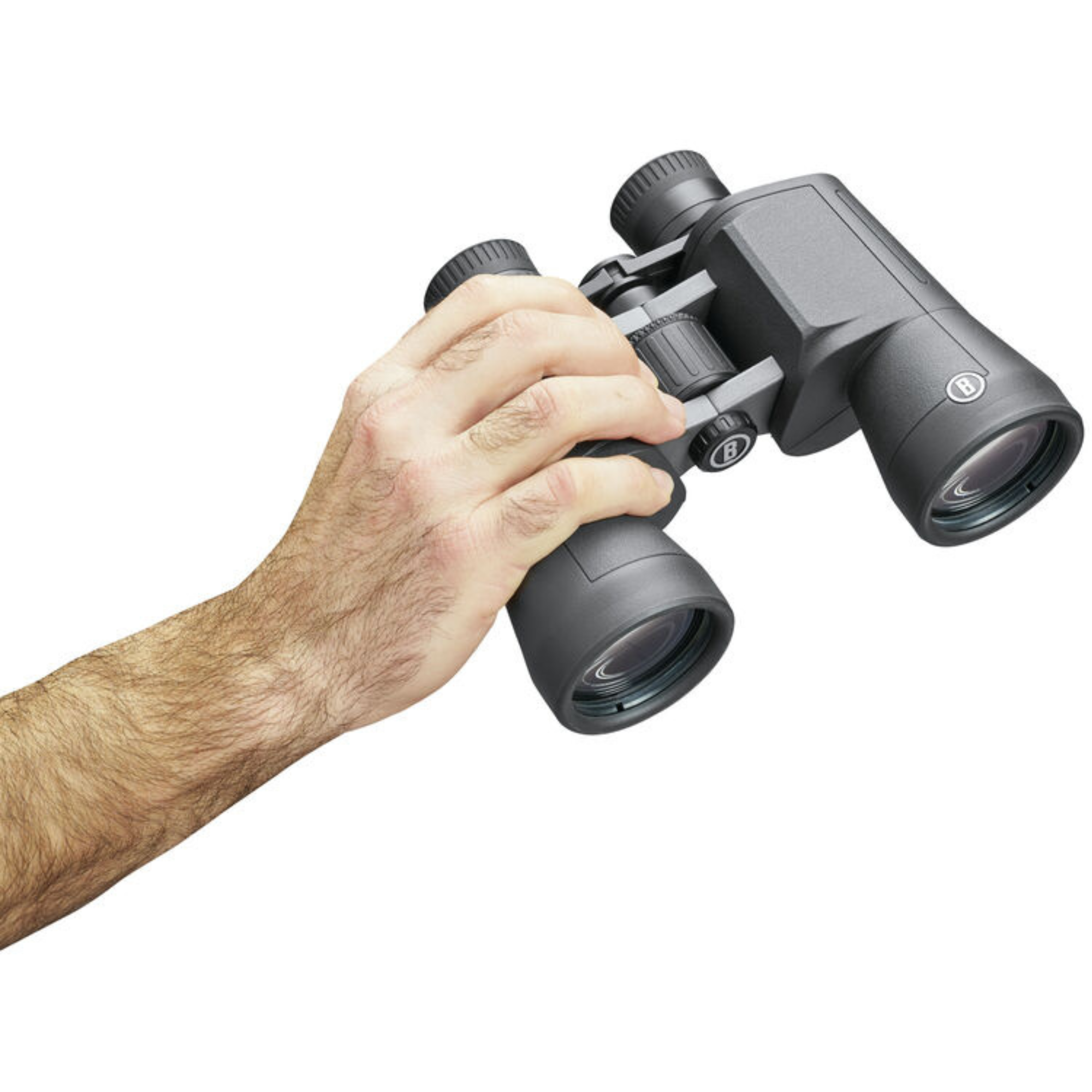 Hand holding a pair of Bushnell 10x50 Powerview 2 Binoculars BHPWV1050 on a white background