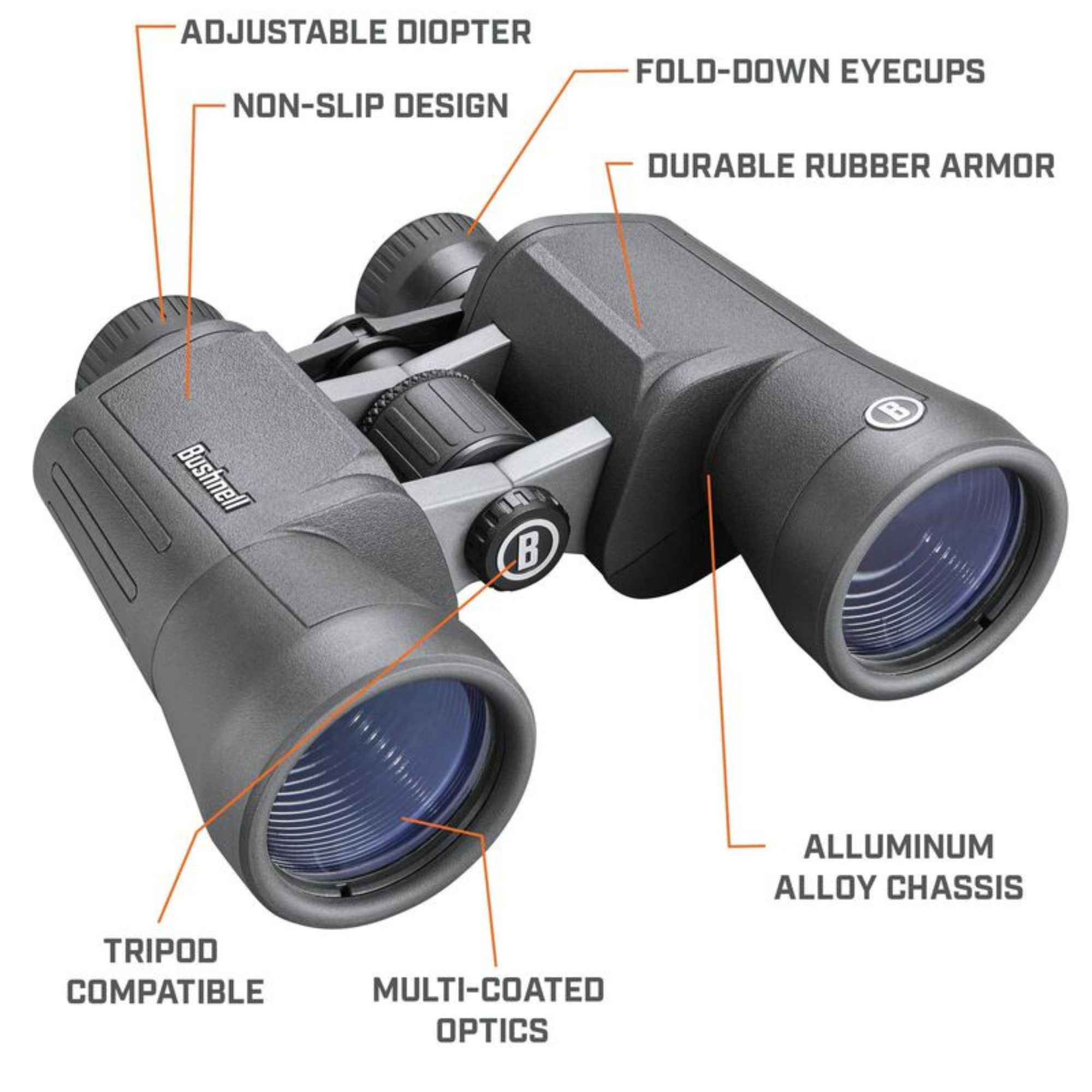 Bushnell 10x50 Powerview 2 Binoculars BHPWV1050 with labelled features on a white background