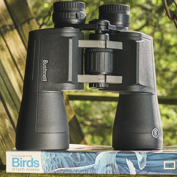 Bushnell Powerview 2 Binoculars sitting on a birdwatching book outside