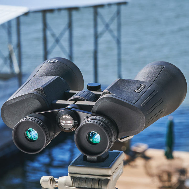 Bushnell 20x50 Powerview 2 Binoculars BHPWV2050 on a stand looking out to sea