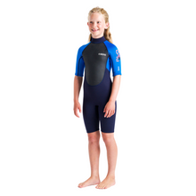 Load image into Gallery viewer, C-Skins Junior Unisex Element 3/2mm Flatlock Shorty Wetsuit (Cyan/Slate/Multi)