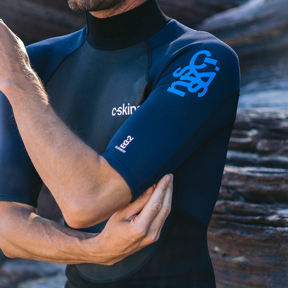 Close up of C-Skins Men's Element 3mm 2mm Shorty Wetsuit Black Slate Cyan C-EL32SHM sleeve