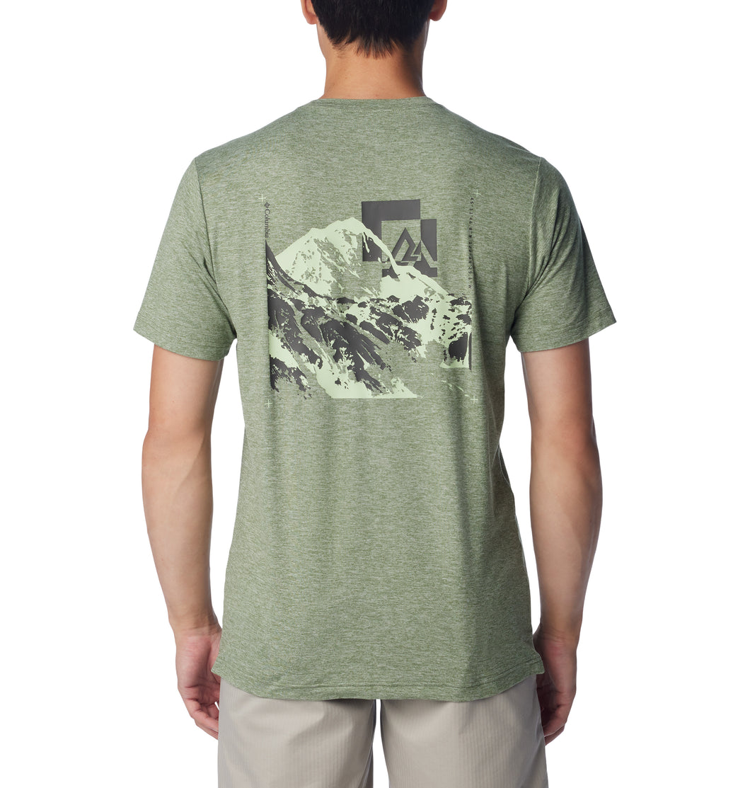 Columbia Men's Kwick Hike Back Graphic Short Sleeve Technical Tee (Canteen Heather/Mountain Air)