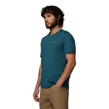 Load image into Gallery viewer, Columbia Men's Parsons Point Back Graphic UPF50 Short Sleeve Tee (Everblue Heather/Splatter Gem)