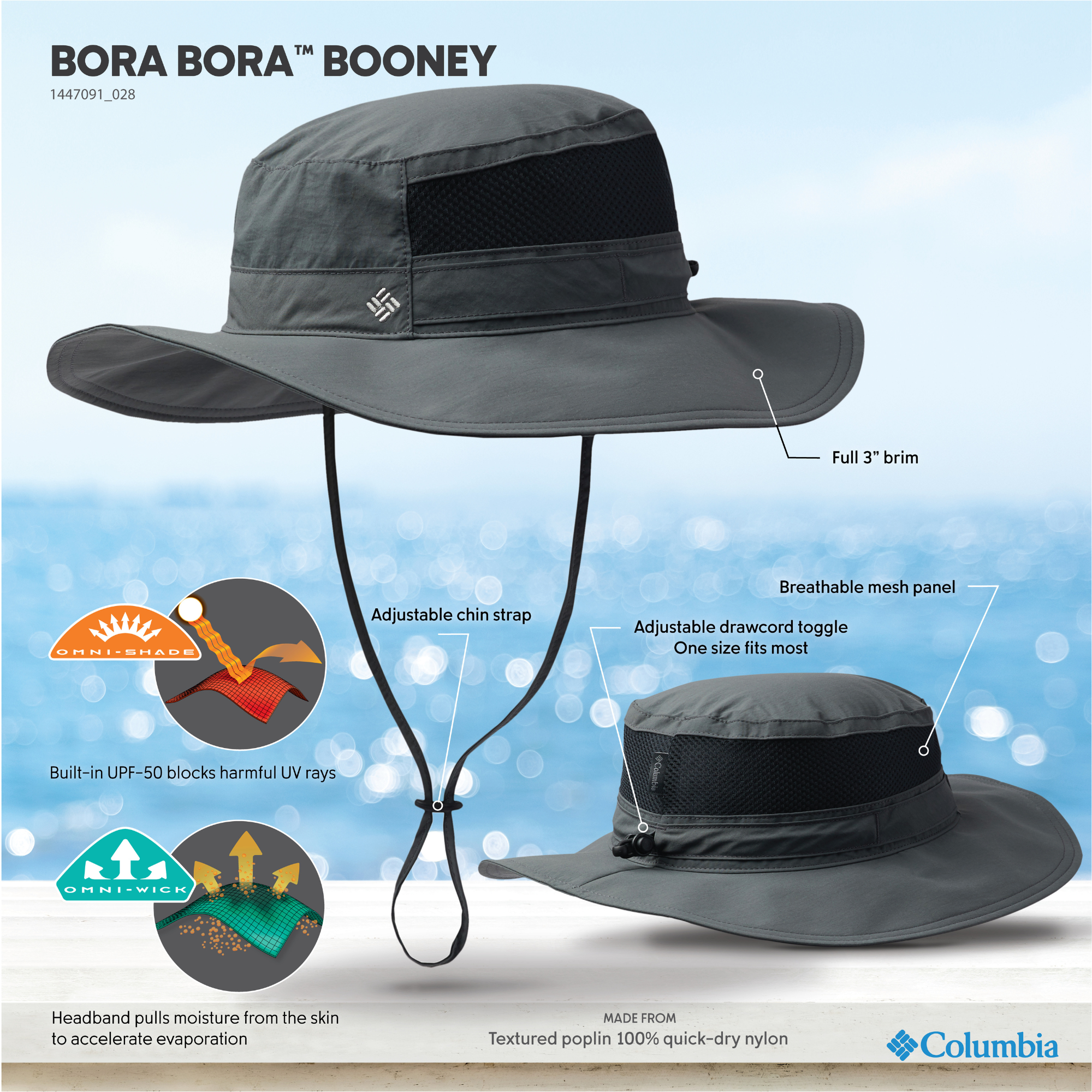 Columbia Unisex Bora Bora II UPF50 Booney Sun Hat (Grill)