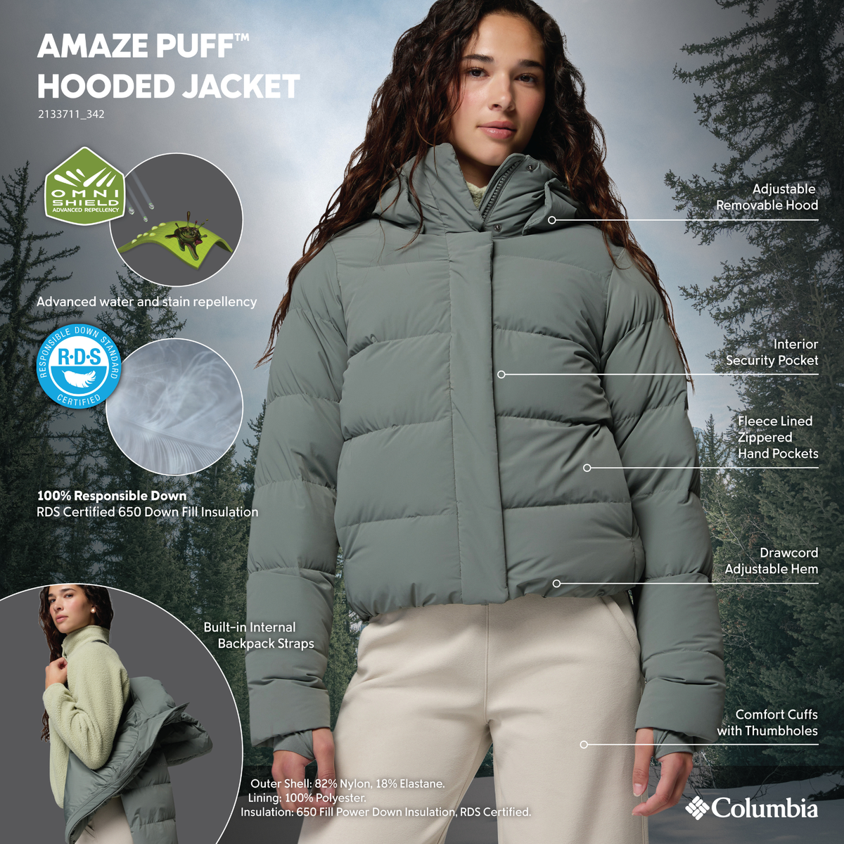 Columbia Women's Amaze Puff Hooded Down Insulated Jacket (Sedona Sage)