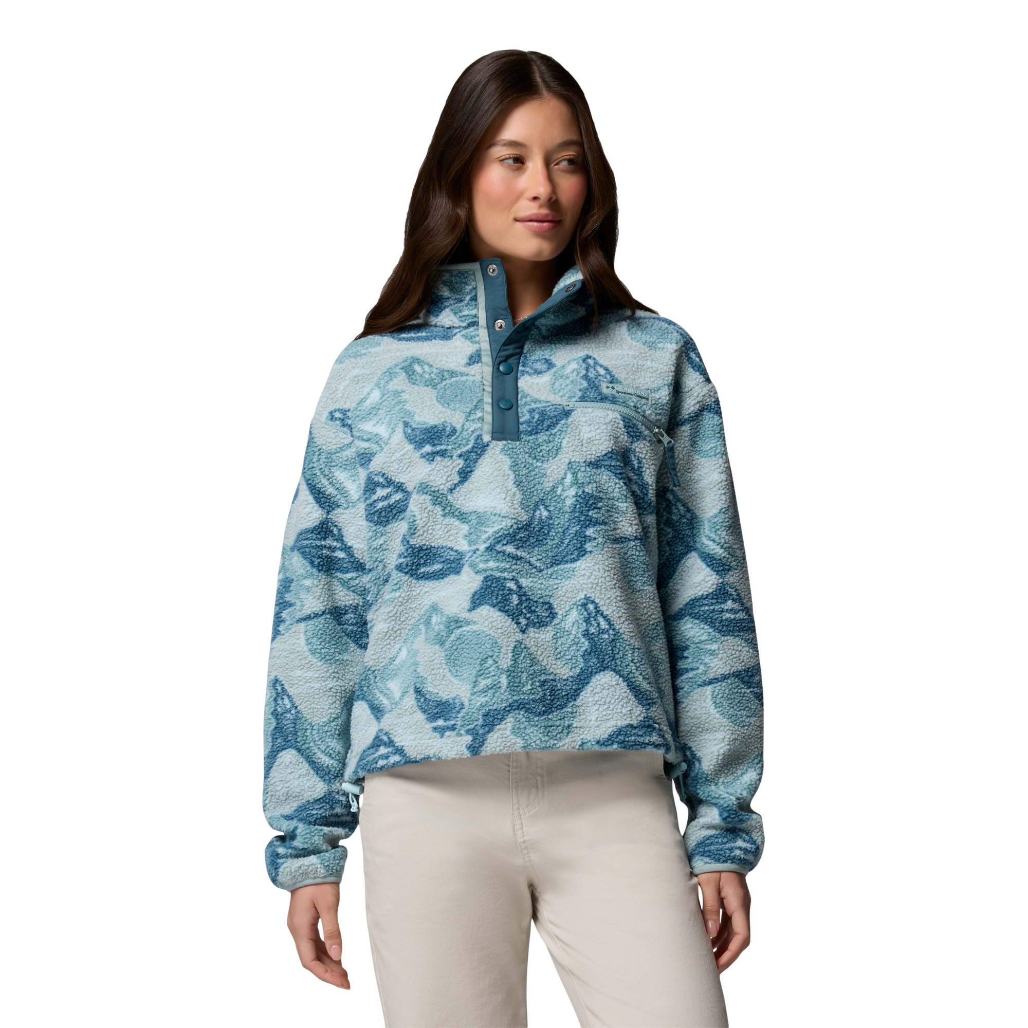Columbia Women's Helvetia II Printed Cropped Half Snap Fleece Top (Marine Light/Sunscape)