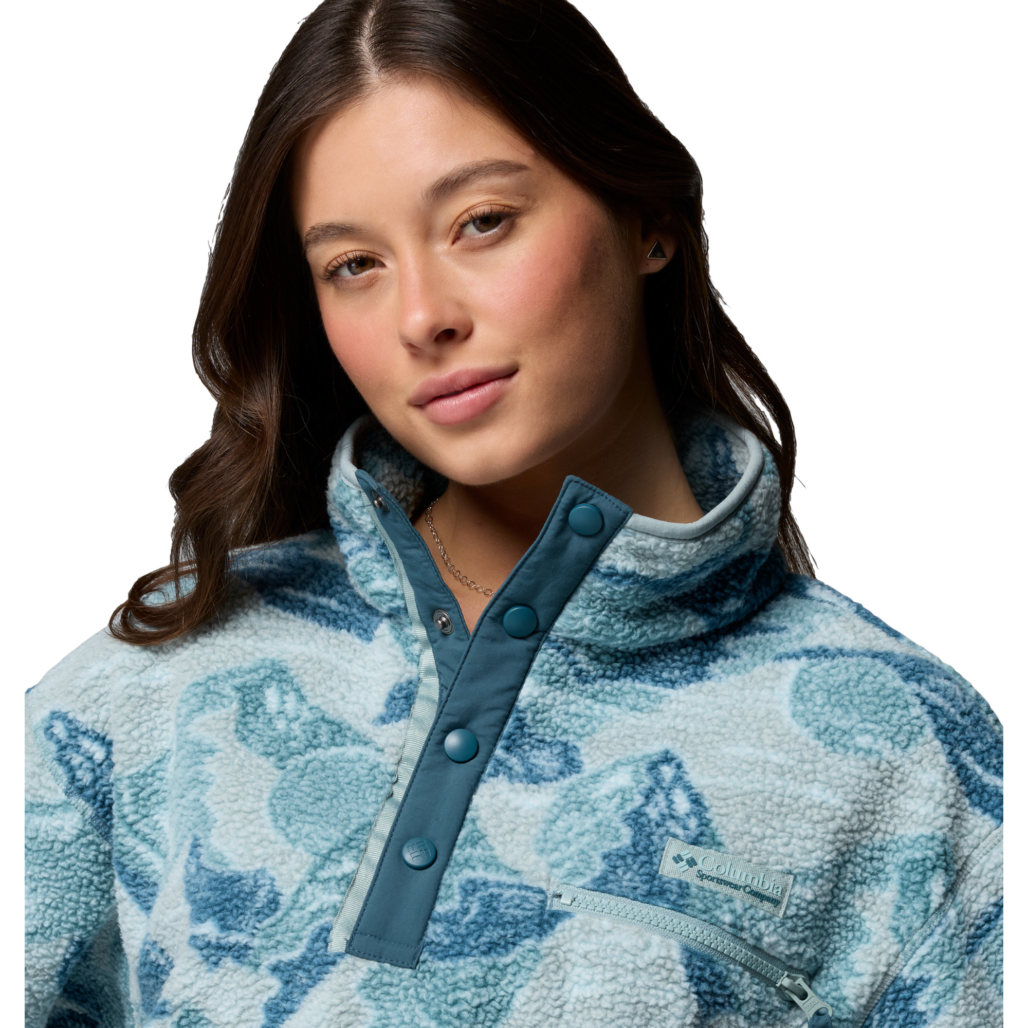 Columbia Women's Helvetia II Printed Cropped Half Snap Fleece Top (Marine Light/Sunscape)