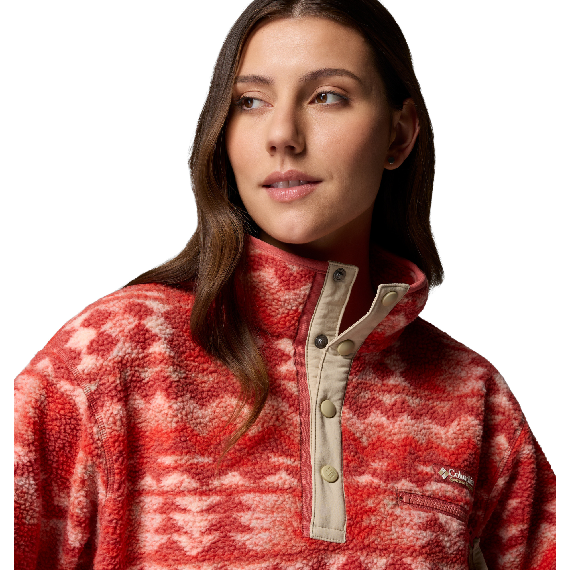Columbia Women's Helvetia II Printed Cropped Half Snap Fleece Top (Poppy Red/Retrotree)