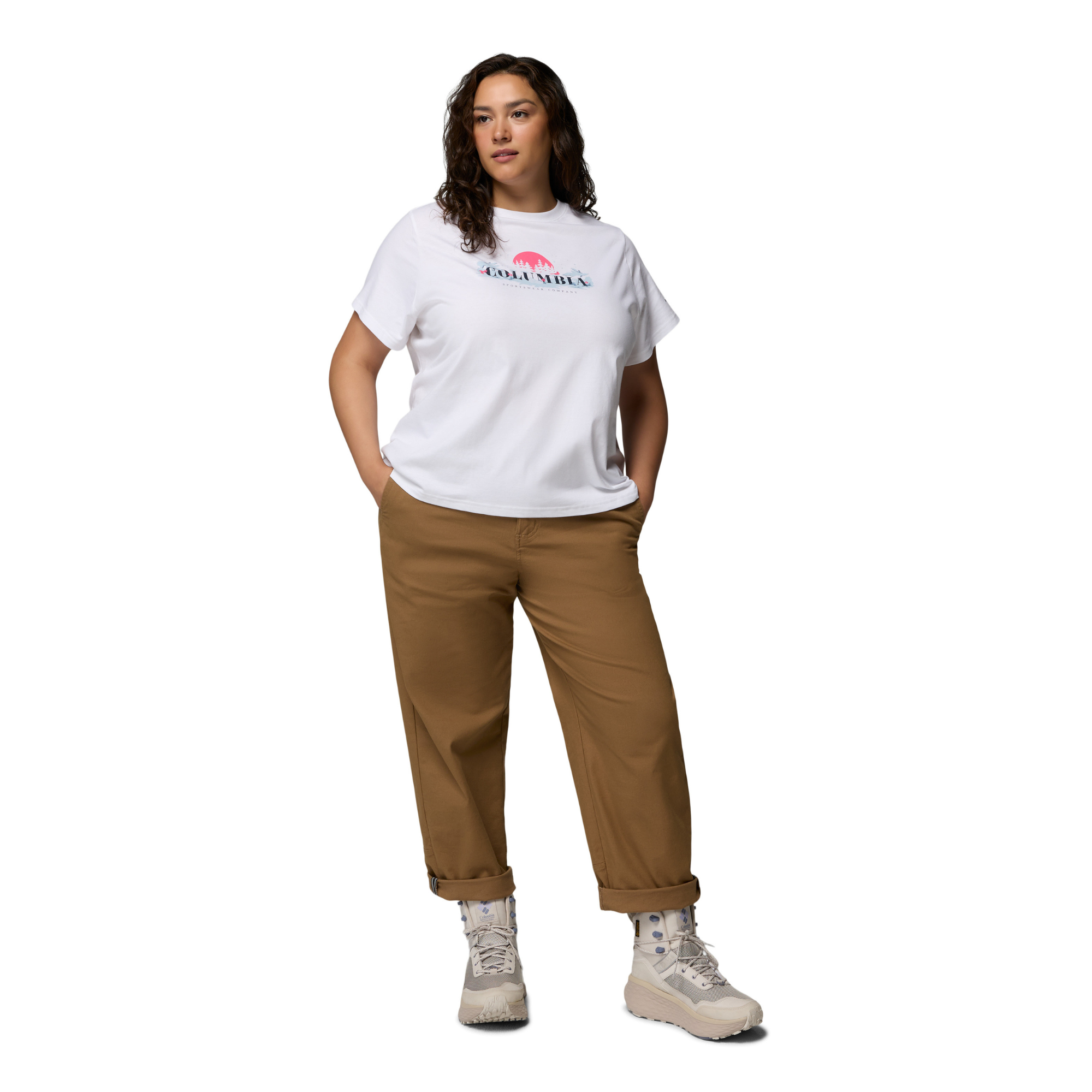 Columbia Women's Rolling Bend 100% Organic Cotton Seasonal Graphic Tee White Hike Happy 100 2172701
