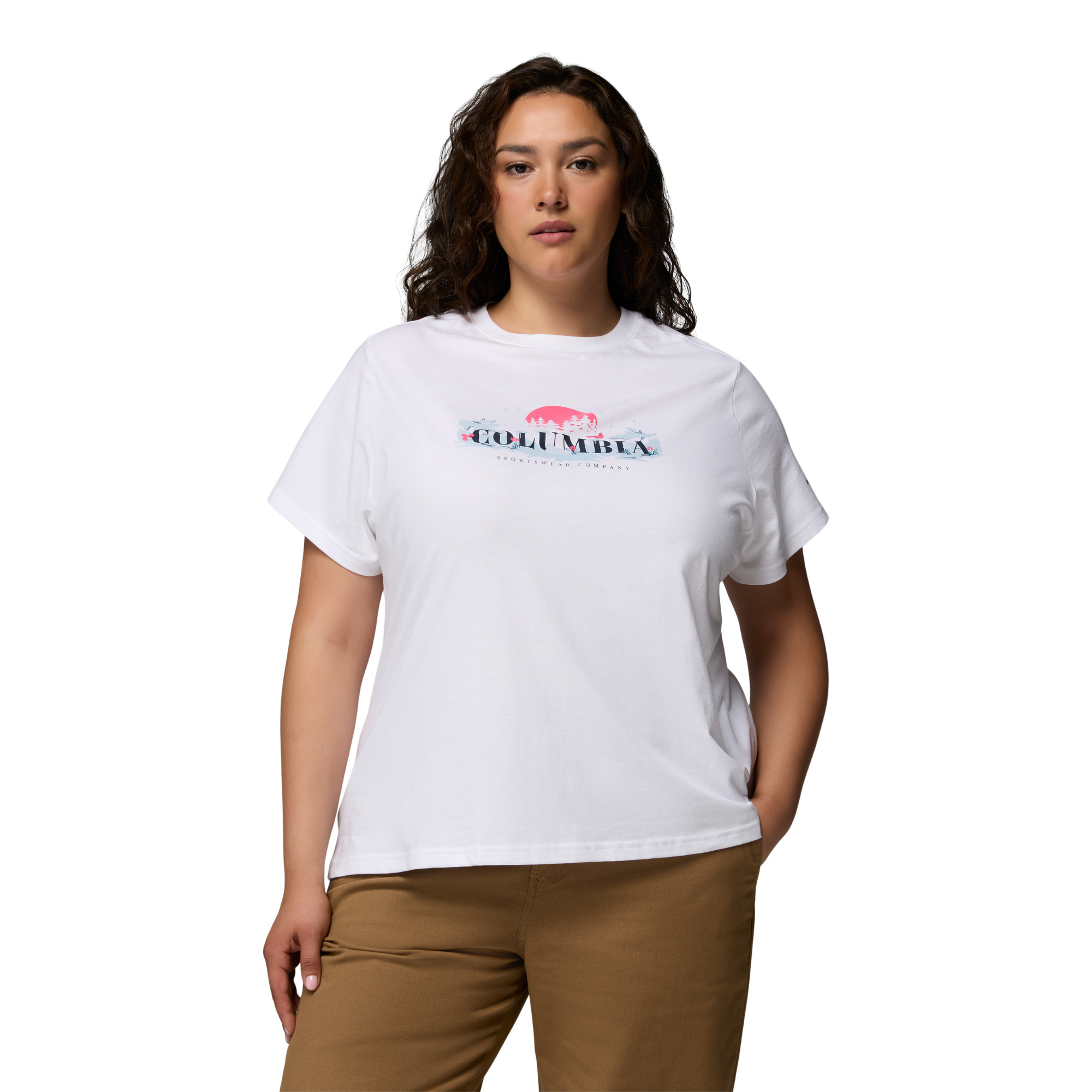 Columbia Women's Rolling Bend 100% Organic Cotton Seasonal Graphic Tee White Hike Happy 100 2172701