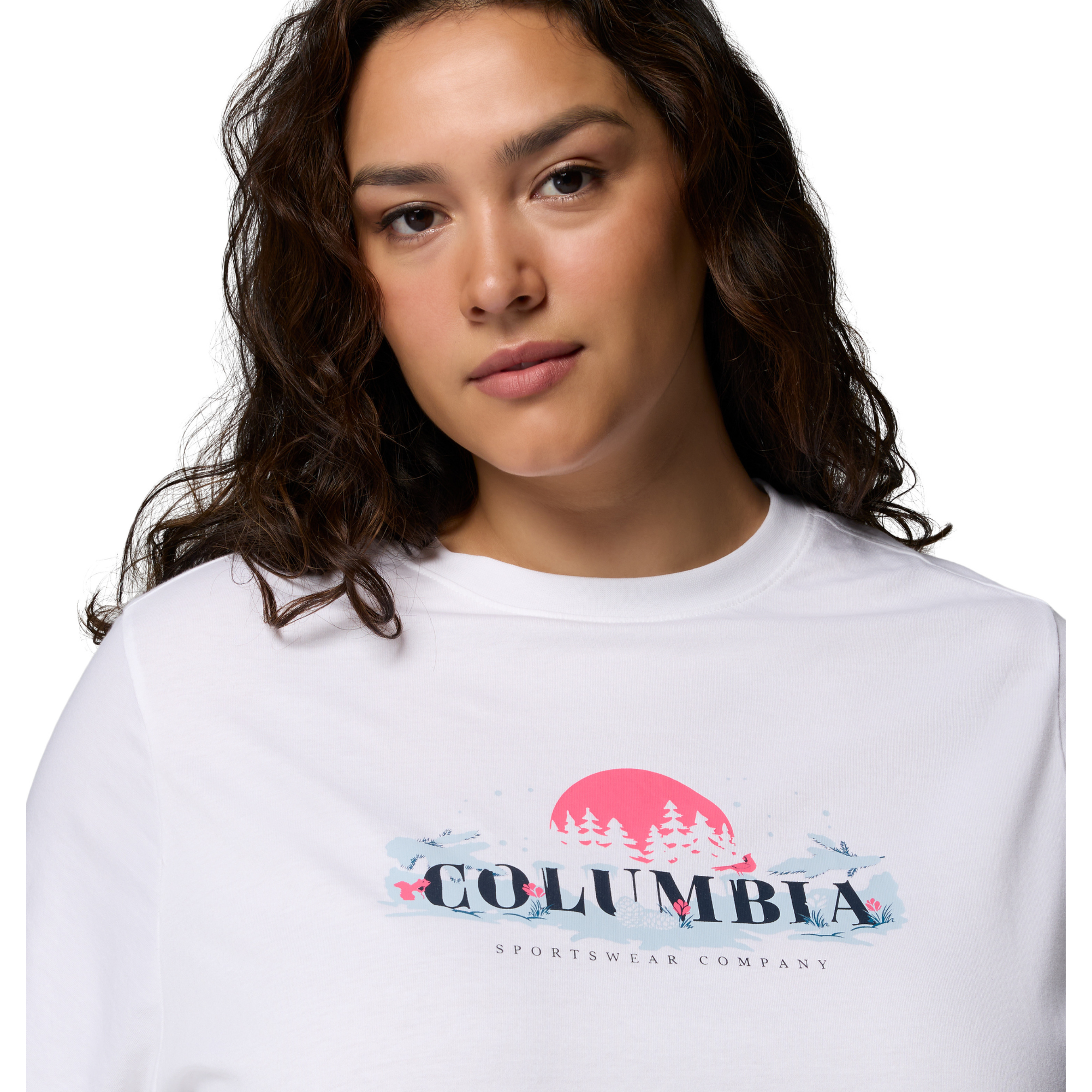 Columbia Women's Rolling Bend 100% Organic Cotton Seasonal Graphic Tee White Hike Happy 100 2172701