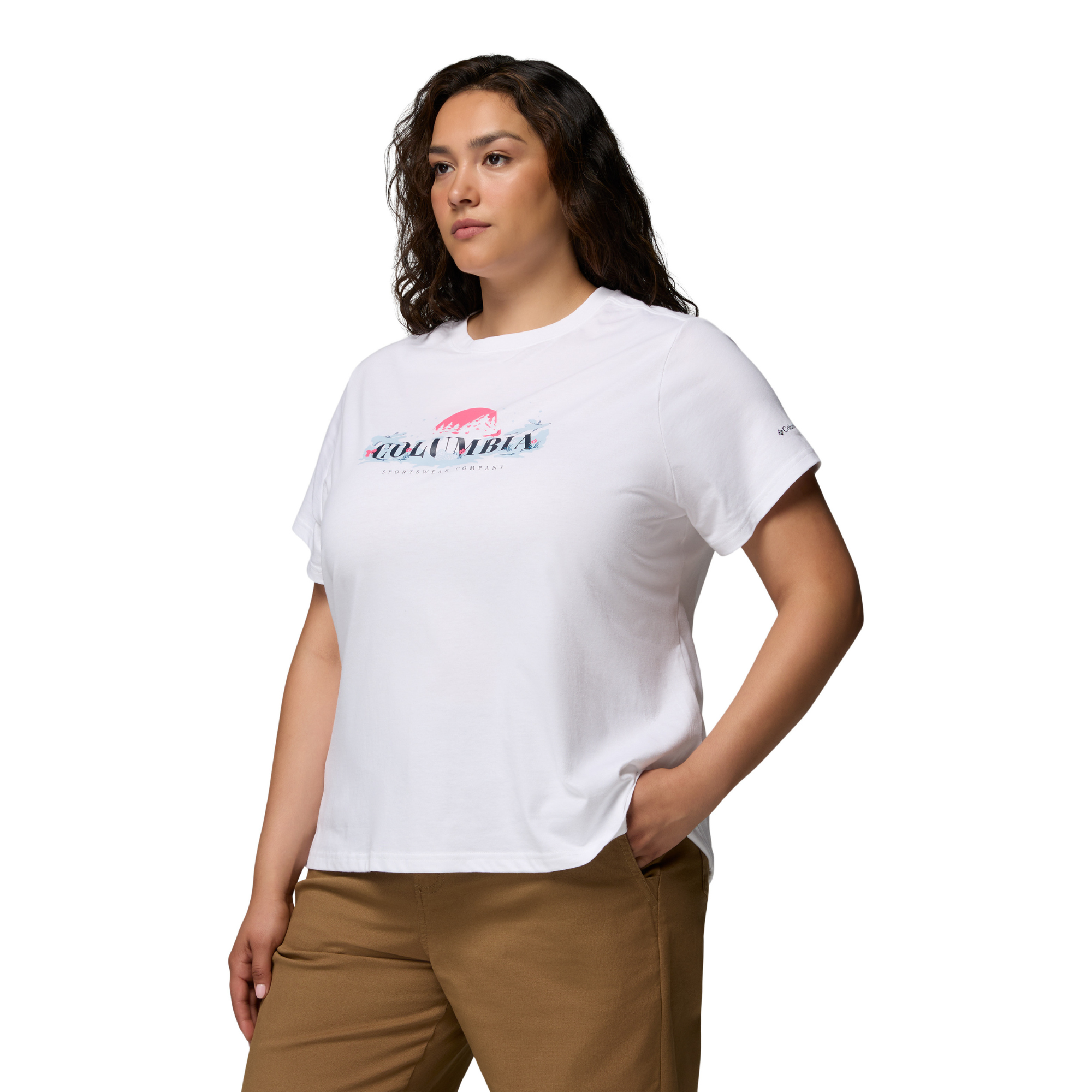 Columbia Women's Rolling Bend 100% Organic Cotton Seasonal Graphic Tee White Hike Happy 100 2172701