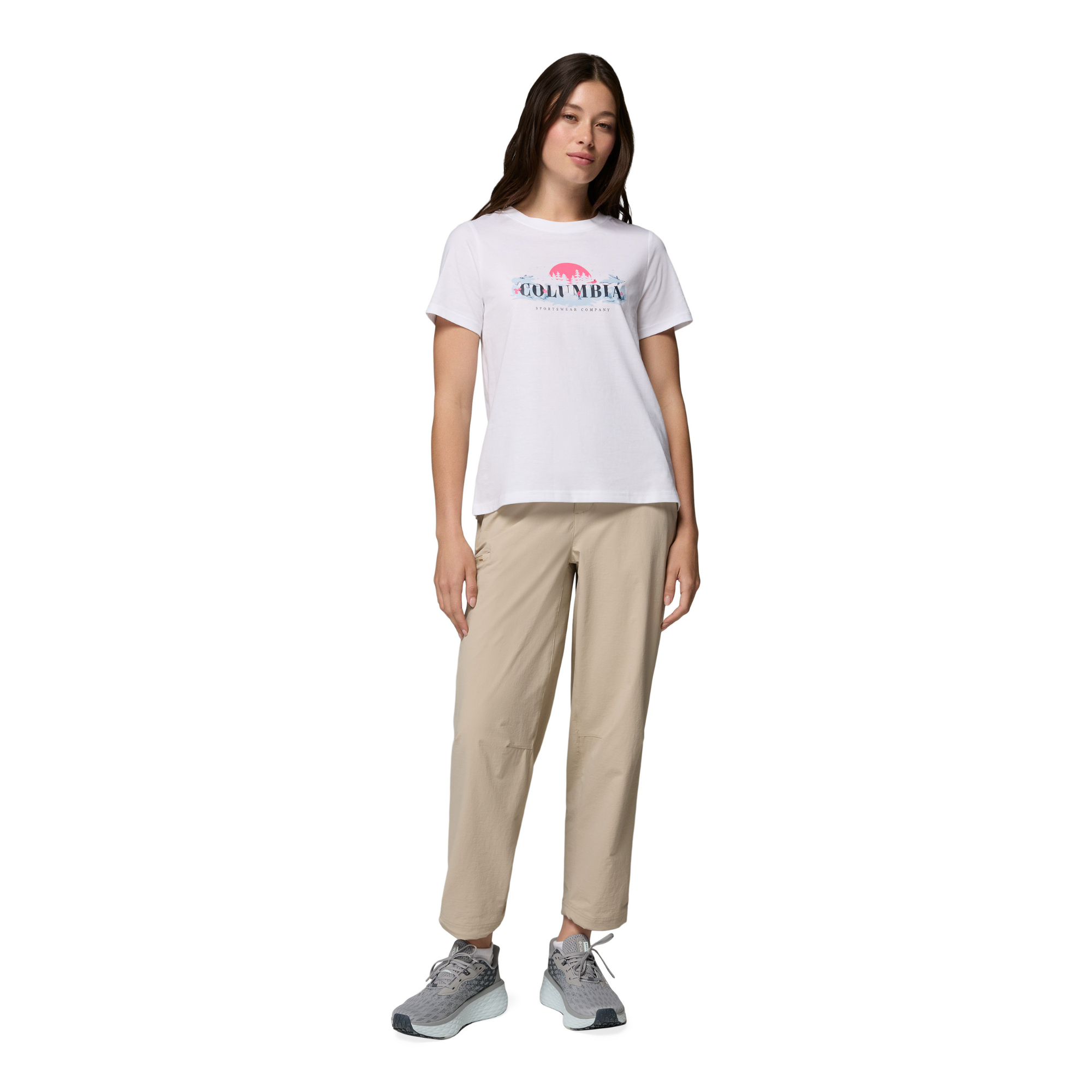 Columbia Women's Rolling Bend 100% Organic Cotton Seasonal Graphic Tee White Hike Happy 100 2172701