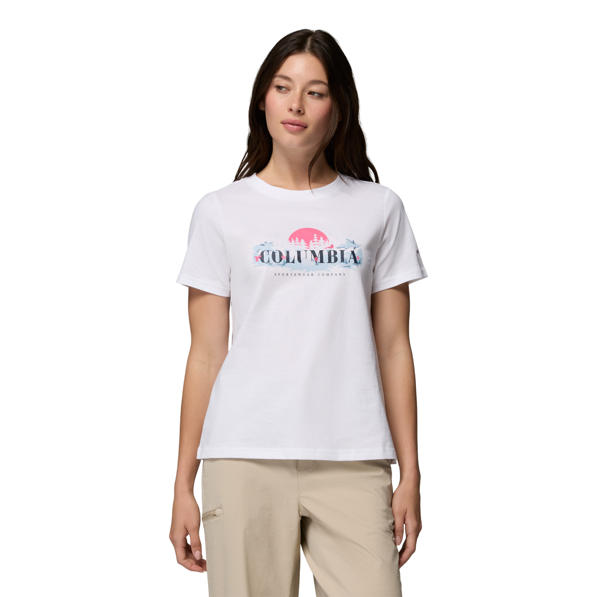Columbia Women's Rolling Bend 100% Organic Cotton Seasonal Graphic Tee White Hike Happy 100 2172701