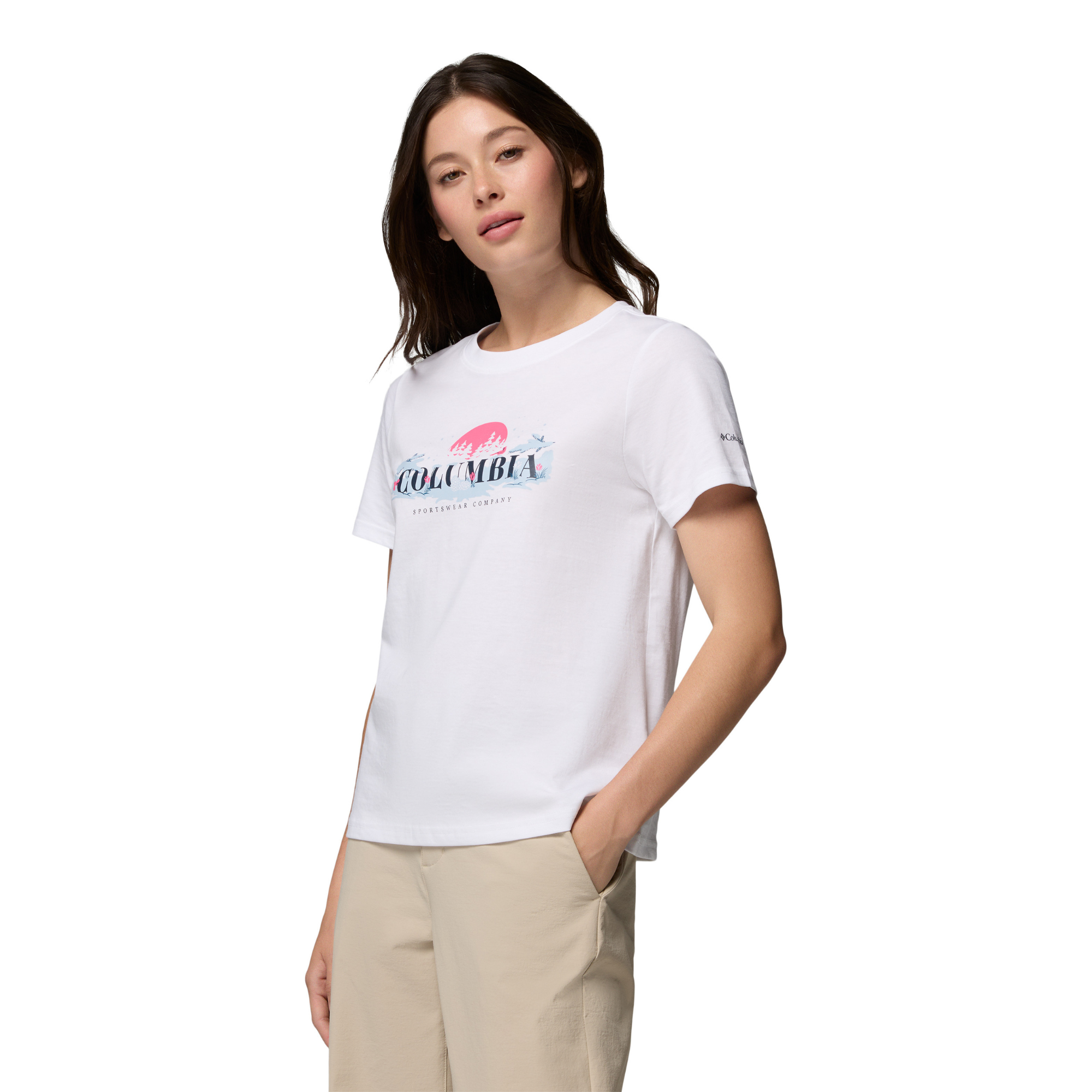 Columbia Women's Rolling Bend 100% Organic Cotton Seasonal Graphic Tee White Hike Happy 100 2172701
