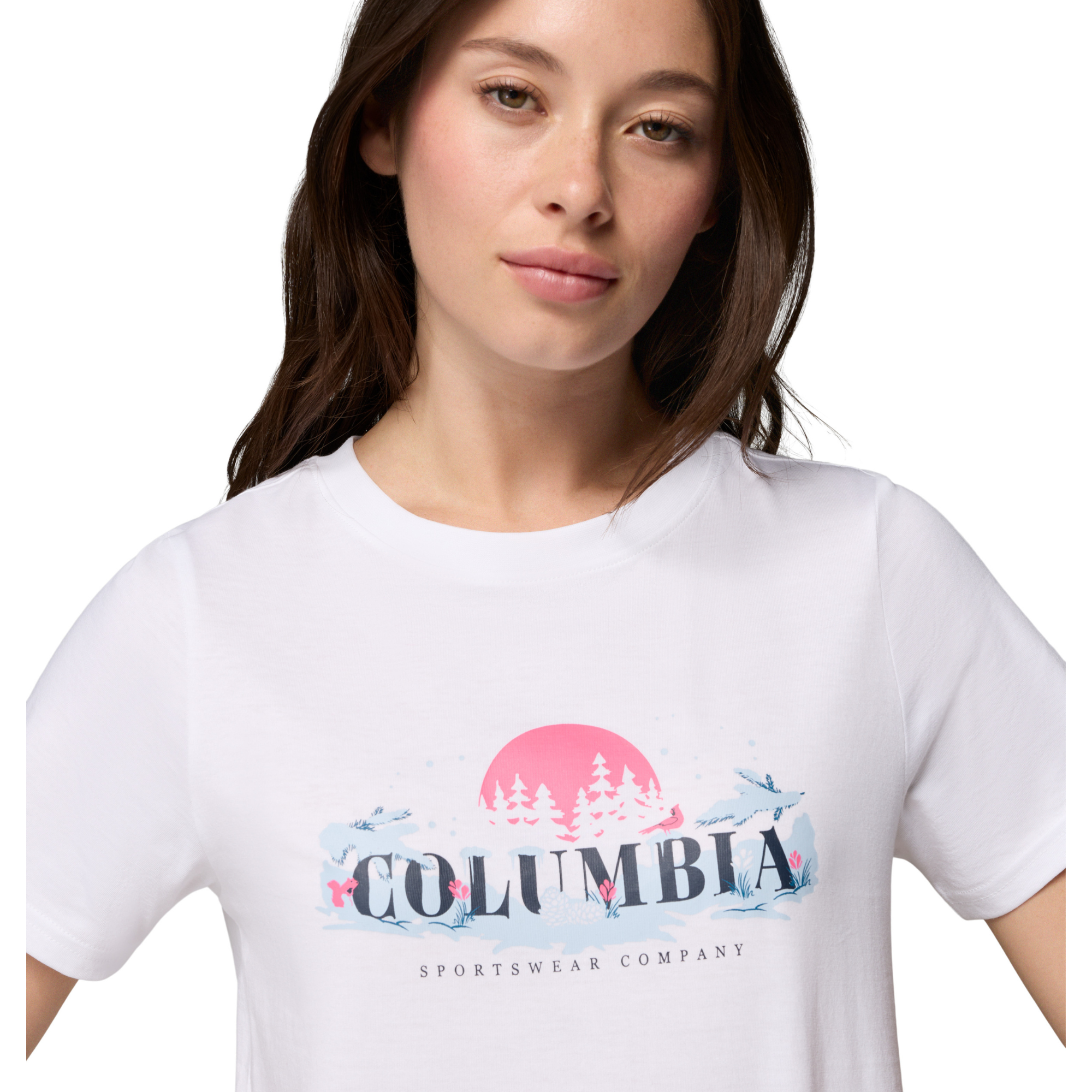 Columbia Women's Rolling Bend 100% Organic Cotton Seasonal Graphic Tee White Hike Happy 100 2172701