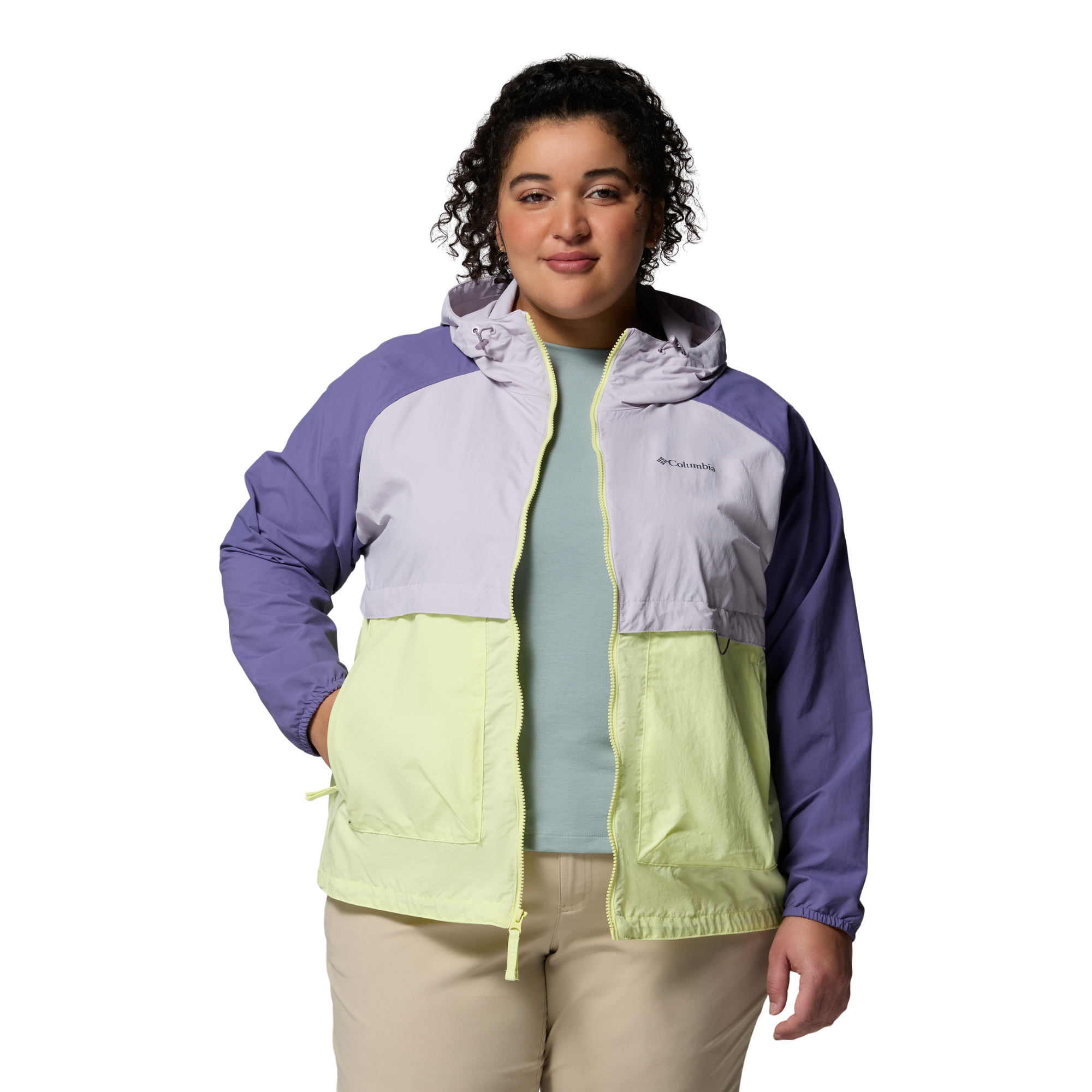 Columbia Women's Spire Valley Hooded UPF50 Windbreaker (Citron Haze/Lavender Pearl/Stormwatch)
