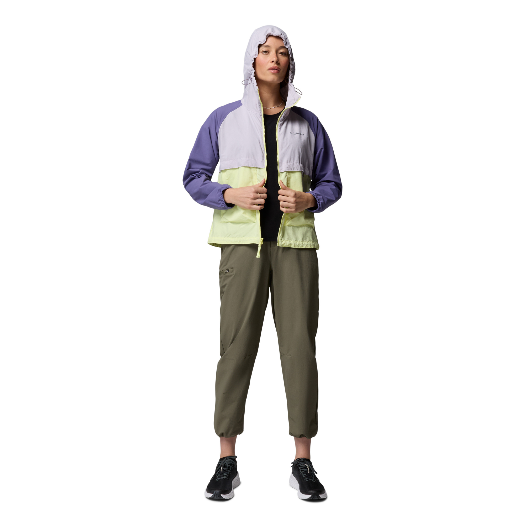 Columbia Women's Spire Valley Hooded UPF50 Windbreaker (Citron Haze/Lavender Pearl/Stormwatch)
