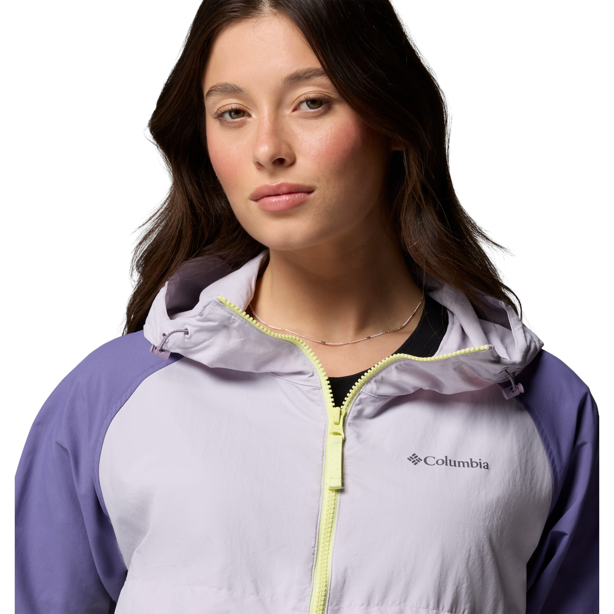 Columbia Women's Spire Valley Hooded UPF50 Windbreaker (Citron Haze/Lavender Pearl/Stormwatch)