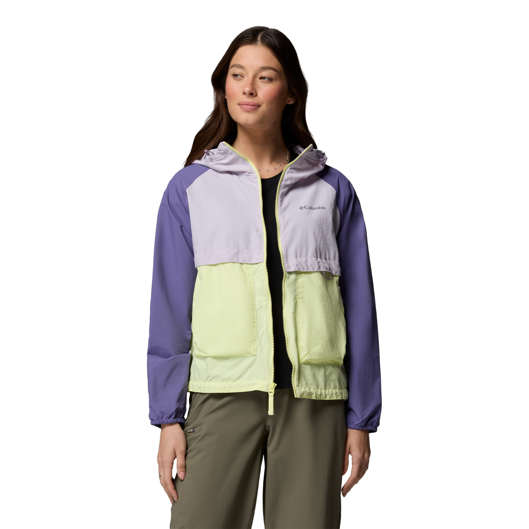 Columbia Women's Spire Valley Hooded UPF50 Windbreaker (Citron Haze/Lavender Pearl/Stormwatch)