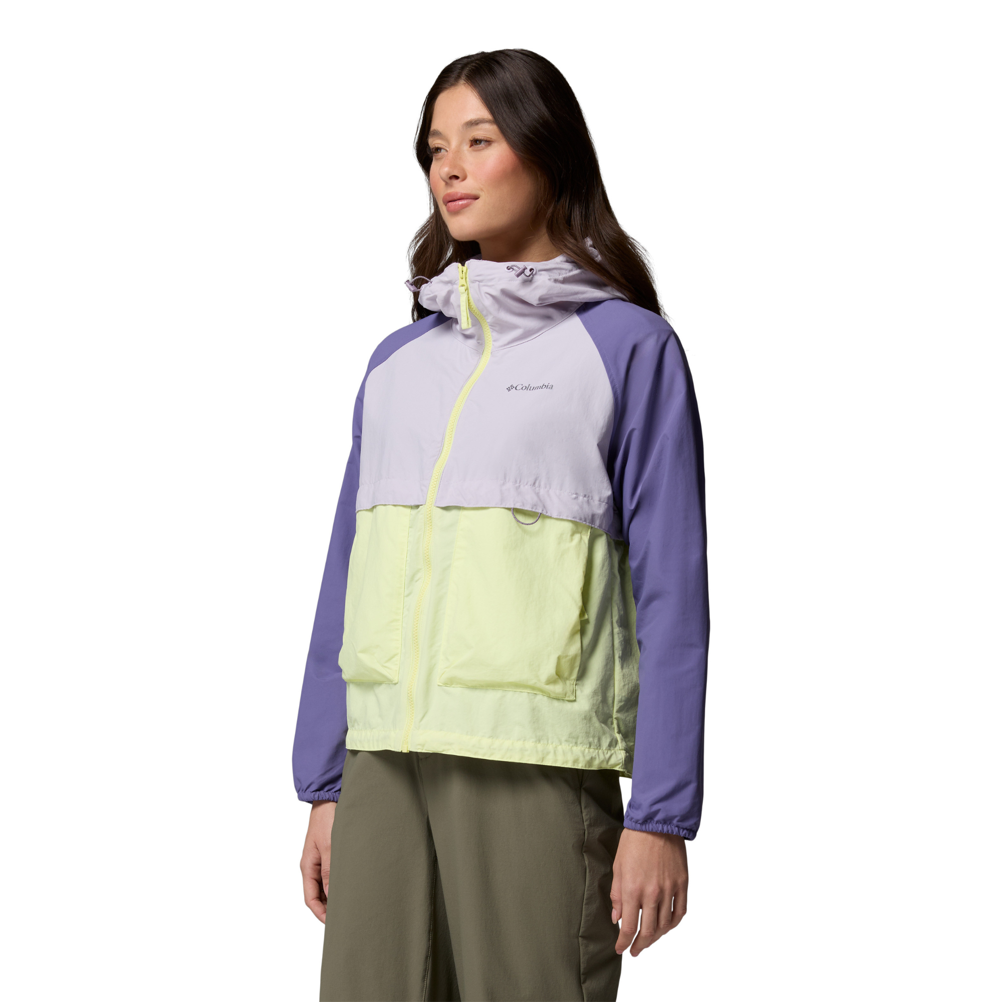 Columbia Women's Spire Valley Hooded UPF50 Windbreaker (Citron Haze/Lavender Pearl/Stormwatch)