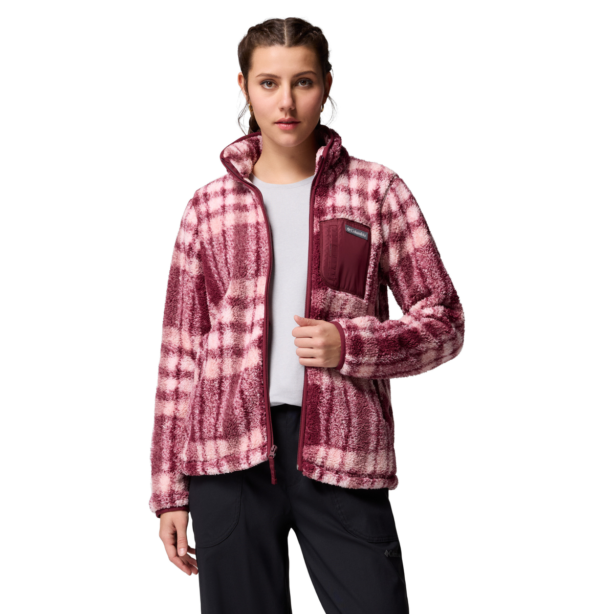 Columbia Women's West Bend II Printed Sherpa Full Zip Fleece (Rich Wine Herringplaid)