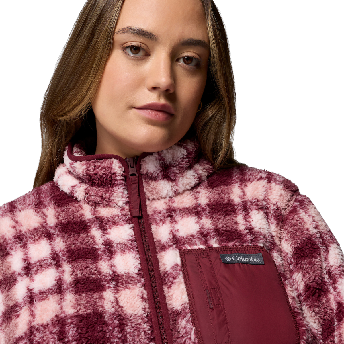 Columbia Women's West Bend II Printed Sherpa Full Zip Fleece (Rich Wine Herringplaid)