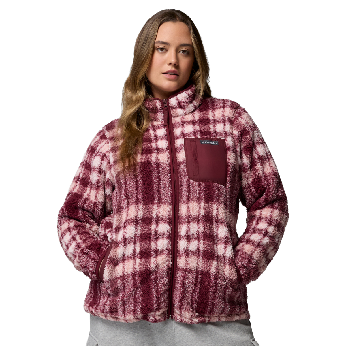 Columbia Women's West Bend II Printed Sherpa Full Zip Fleece (Rich Wine Herringplaid)