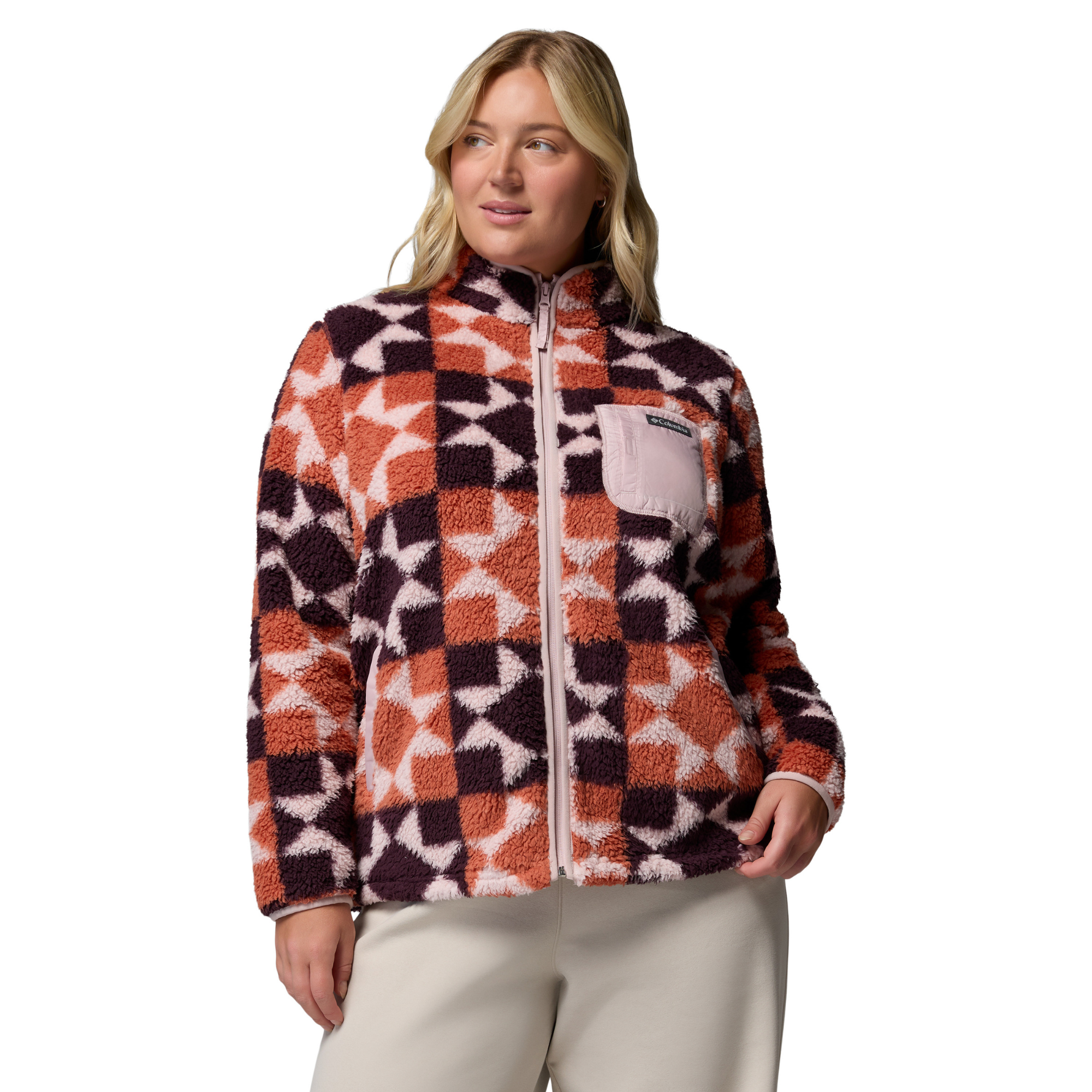 Columbia Women's West Bend II Printed Sherpa Full Zip Fleece Teak Brown Cosy Quilt 235 2085854