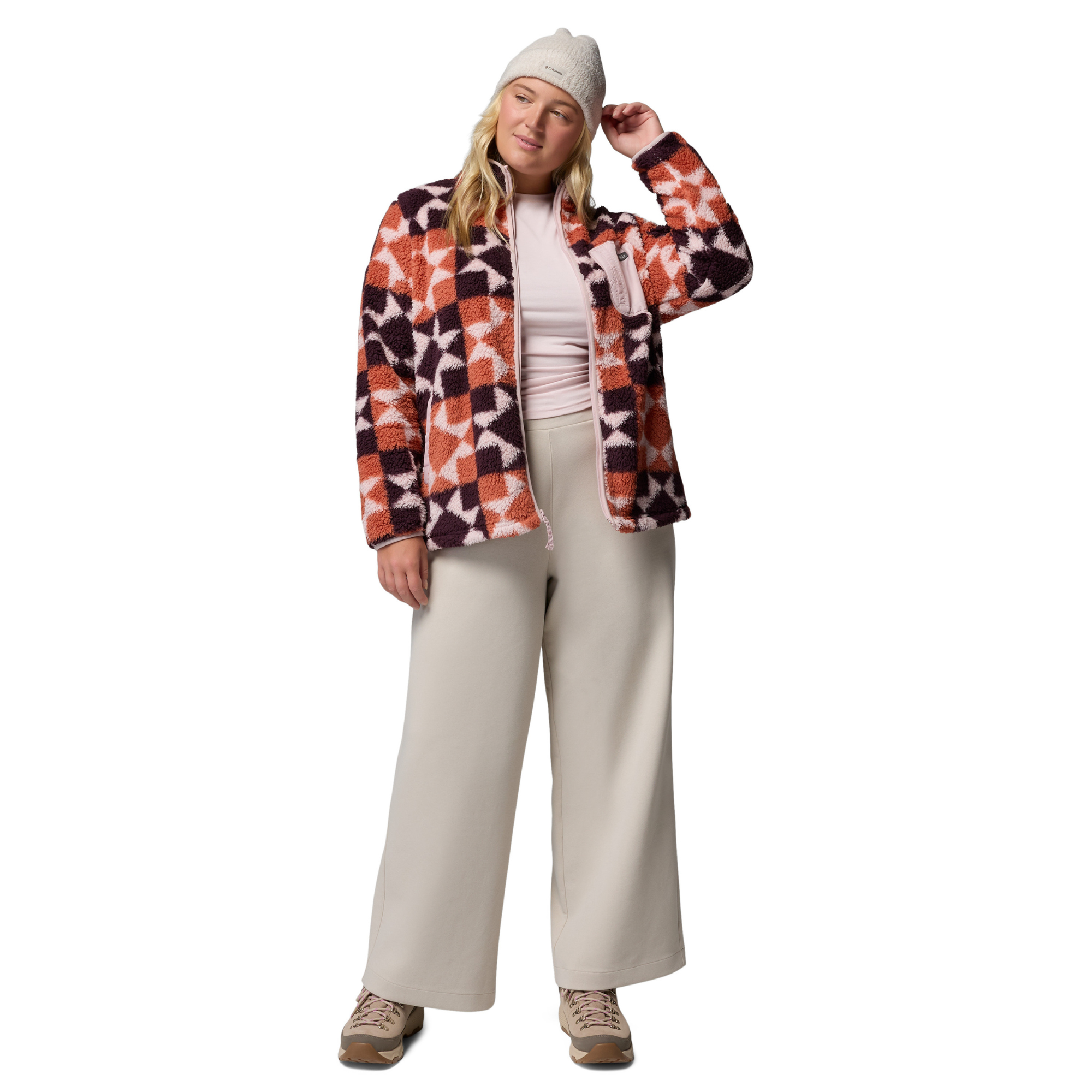 Columbia Women's West Bend II Printed Sherpa Full Zip Fleece Teak Brown Cosy Quilt 235 2085854