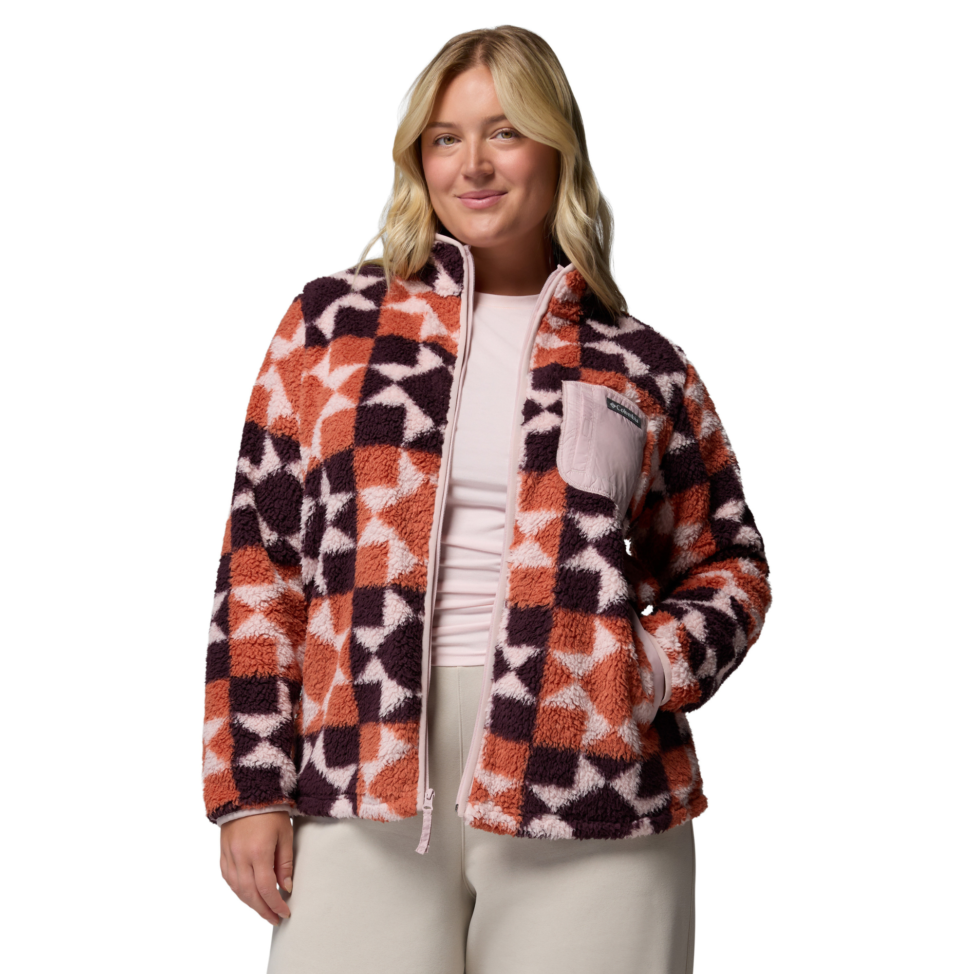 Columbia Women's West Bend II Printed Sherpa Full Zip Fleece Teak Brown Cosy Quilt 235 2085854