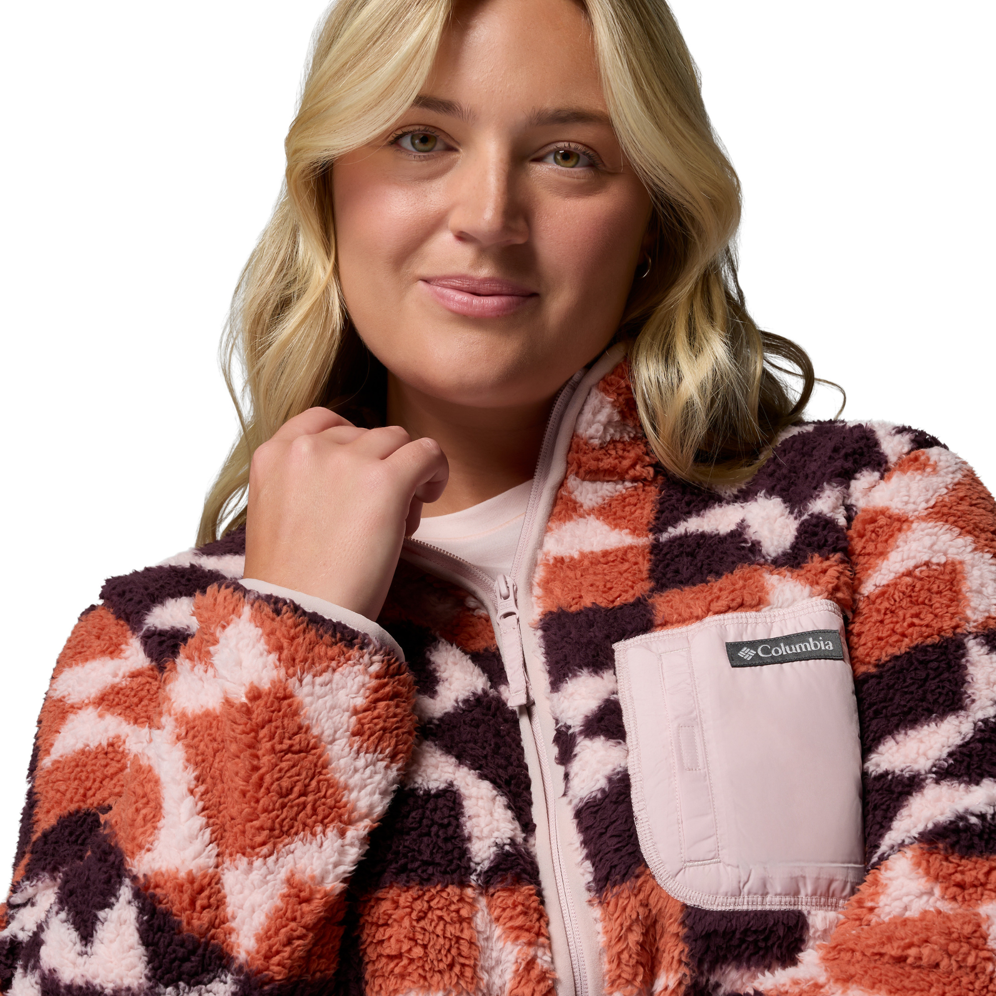 Columbia Women's West Bend II Printed Sherpa Full Zip Fleece Teak Brown Cosy Quilt 235 2085854