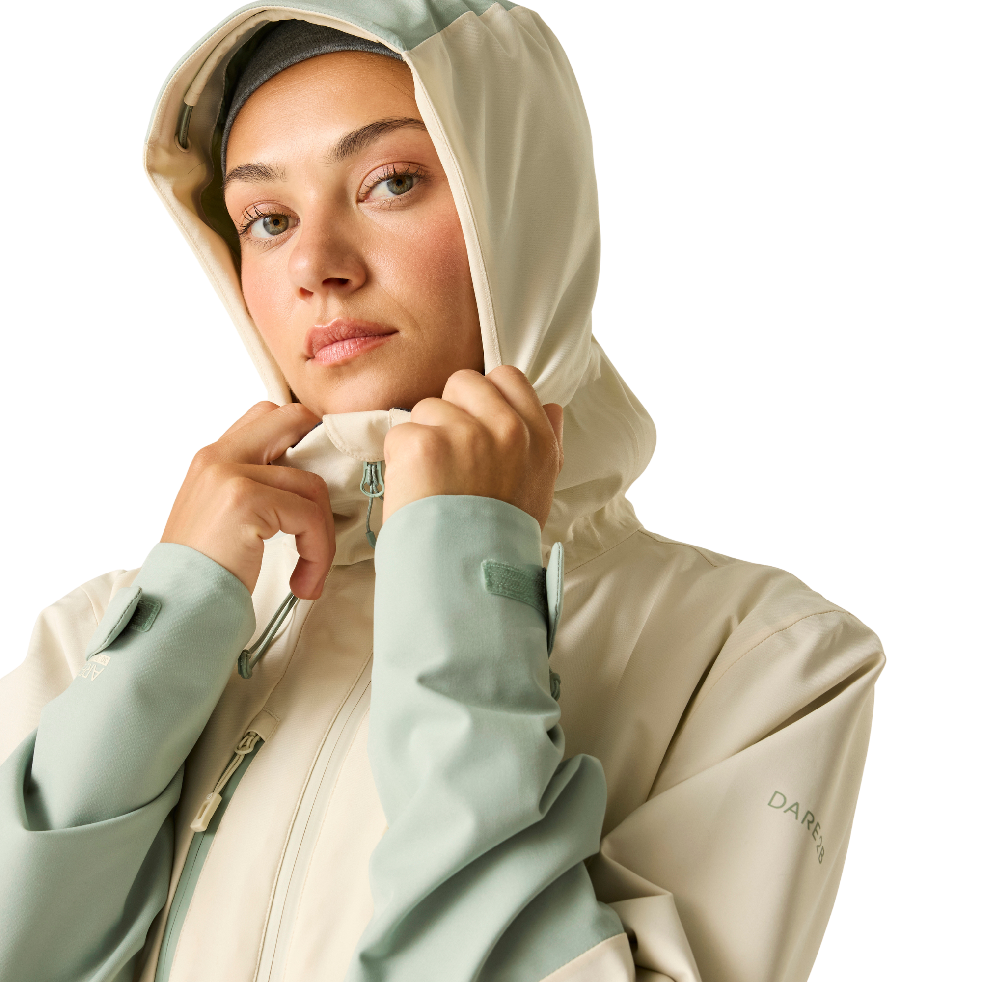 Dare 2B Women's Diverging II Hooded Waterproof Jacket (Almond Milk/Glacier Green)