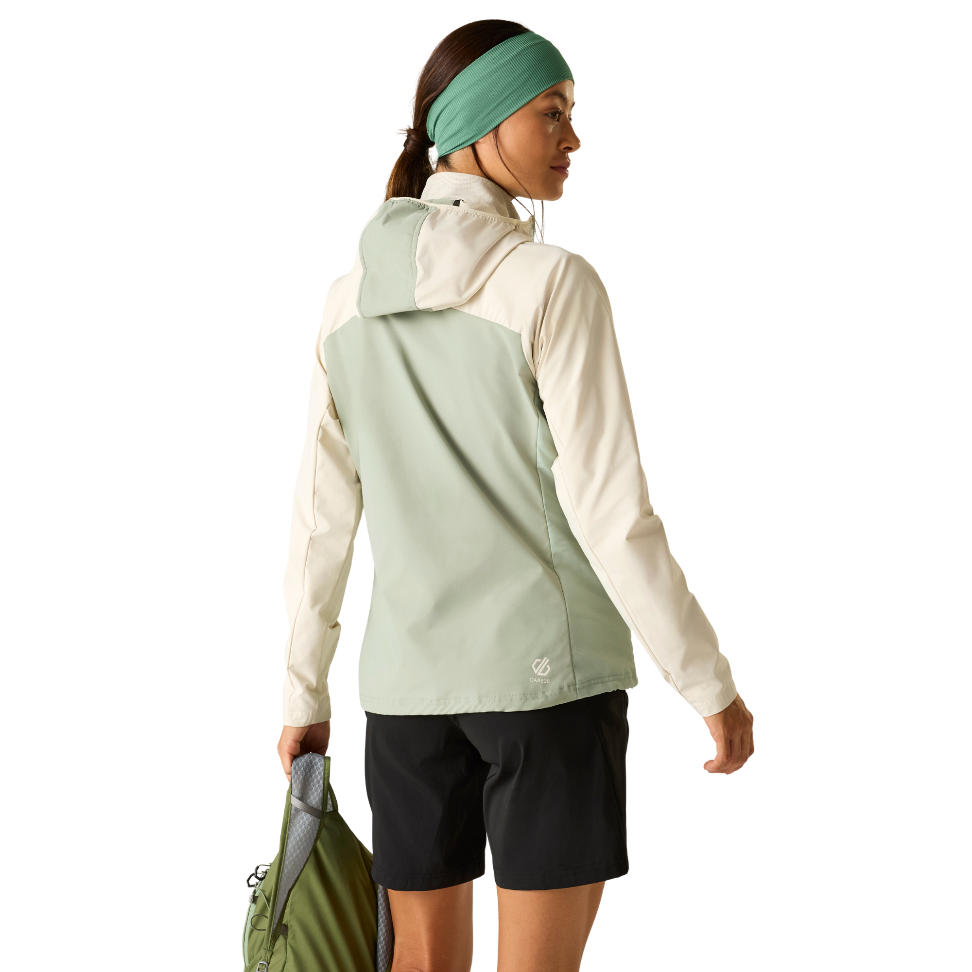 Dare 2B Women's Nomadic UPF50 Hooded Softshell Jacket (Almond Milk/Glacier Green)