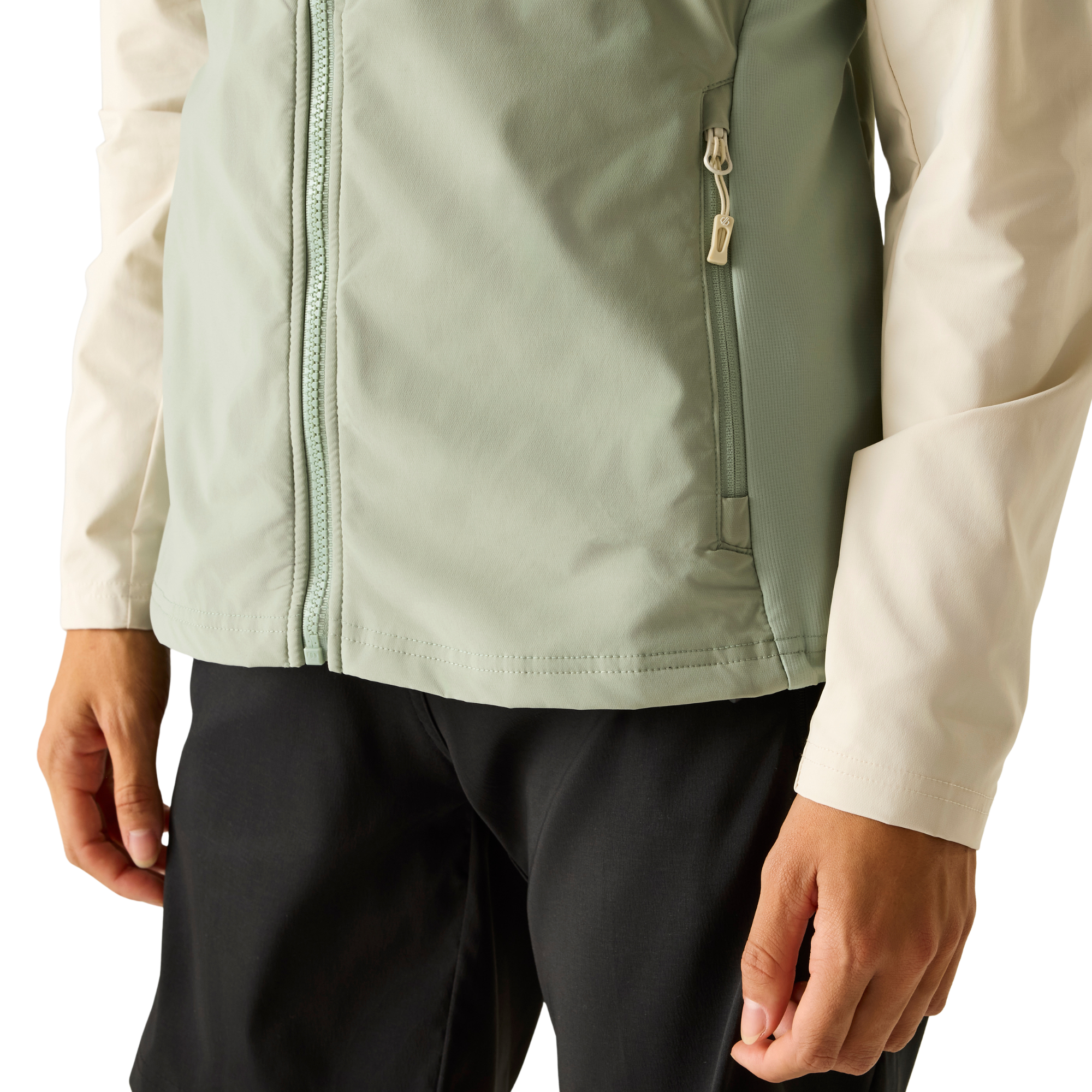 Dare 2B Women's Nomadic UPF50 Hooded Softshell Jacket (Almond Milk/Glacier Green)