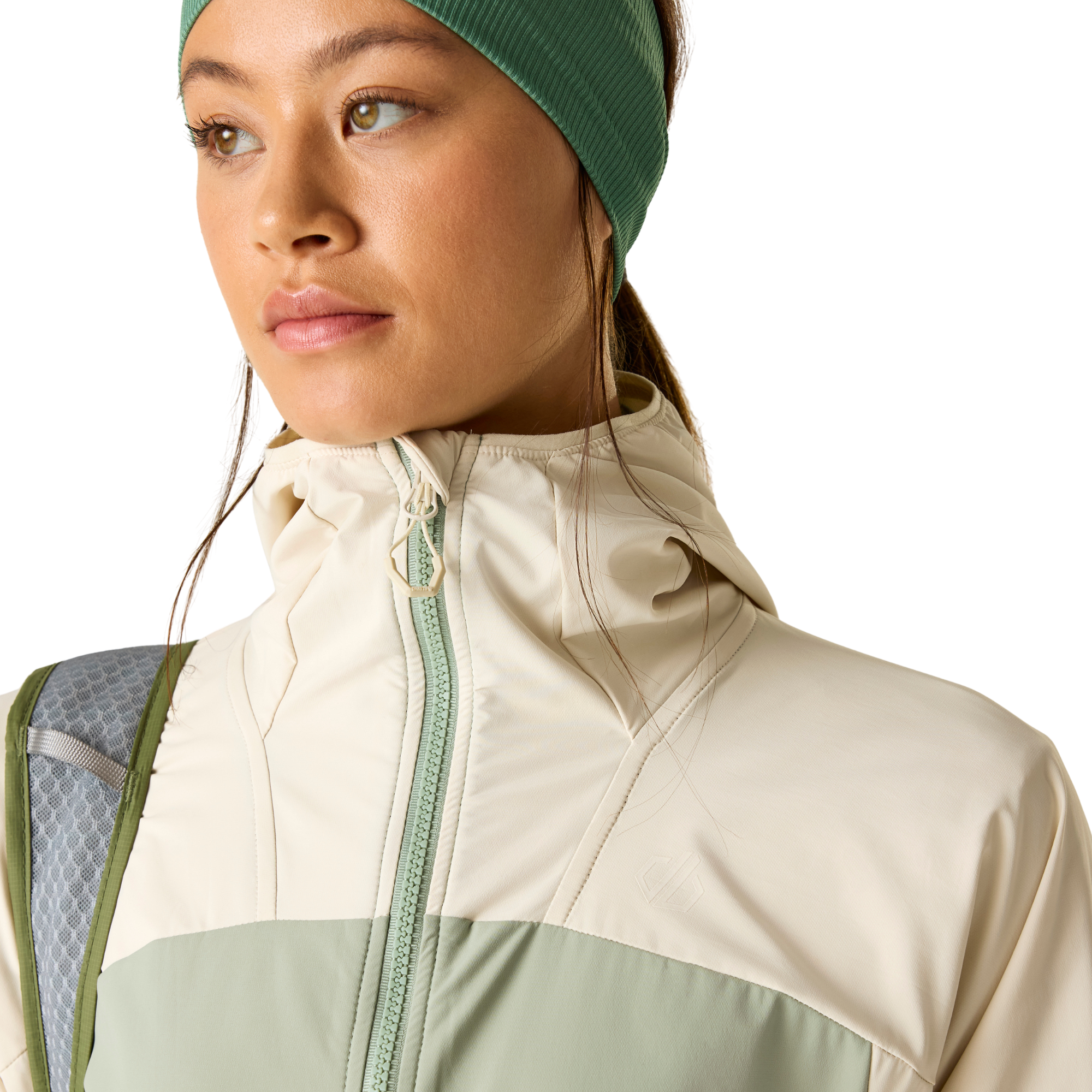 Dare 2B Women's Nomadic UPF50 Hooded Softshell Jacket (Almond Milk/Glacier Green)