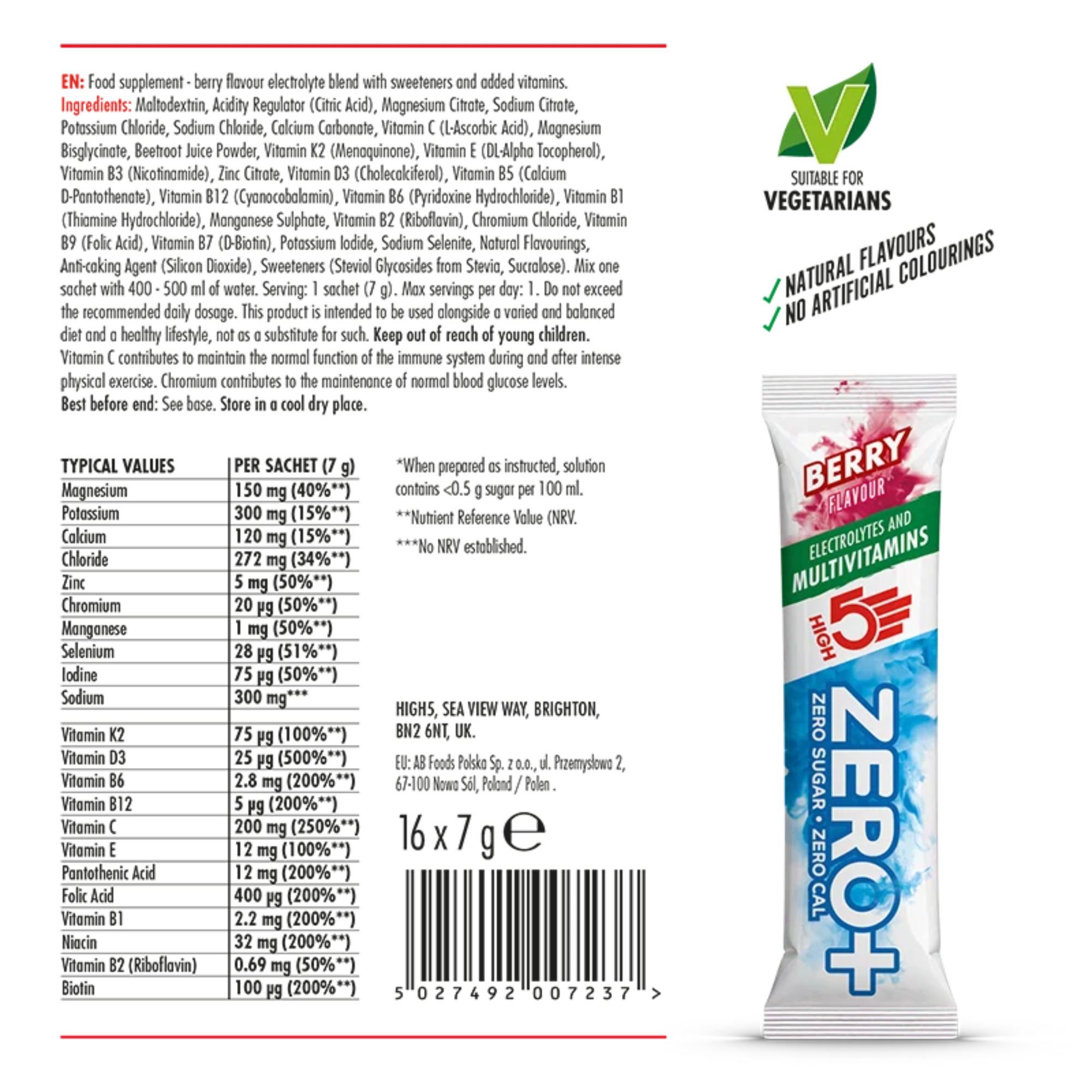High 5 Zero+ Multivitamin 7g Sachet Berry 16-069 ingredient list, dosage and nutritional information