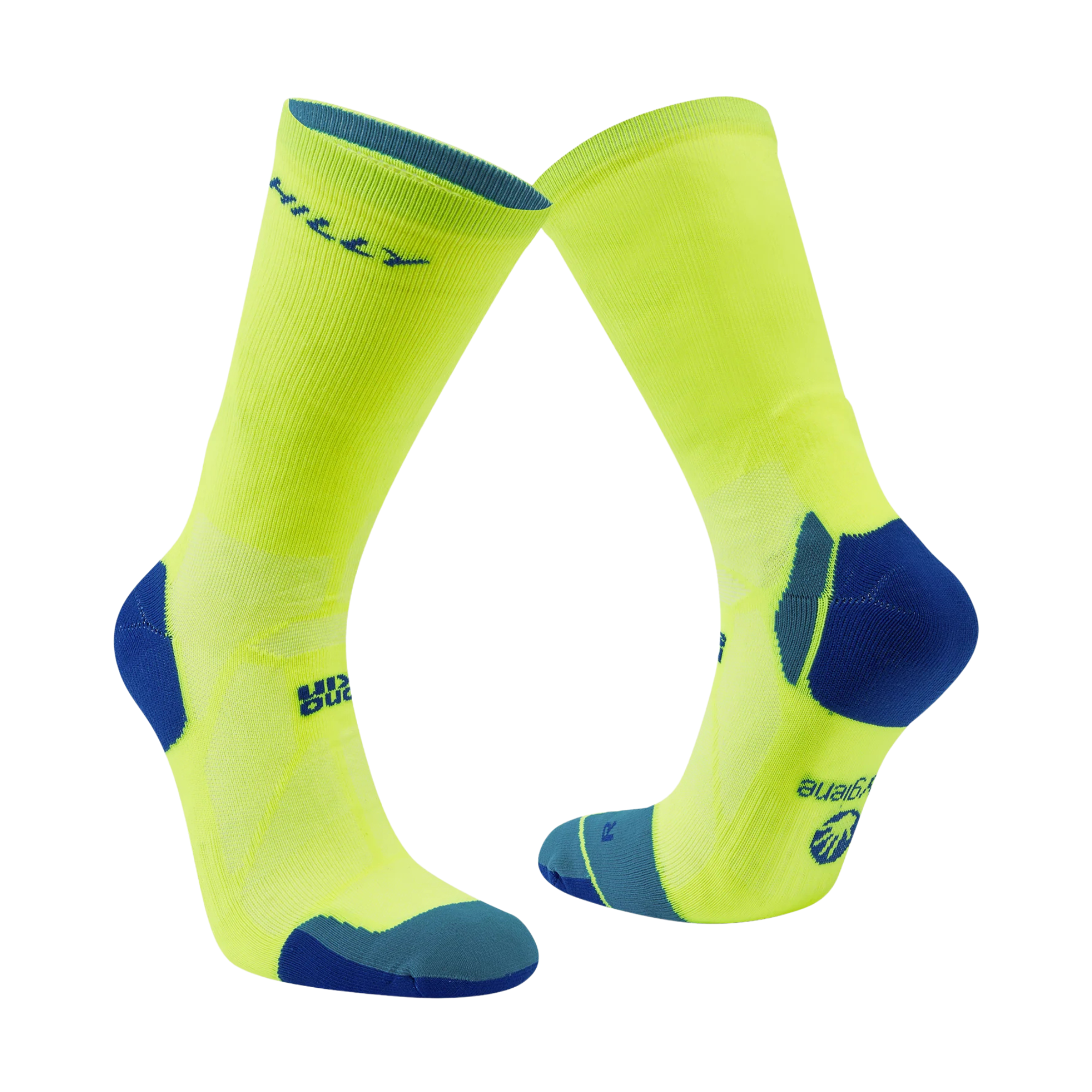 Hilly Unisex Marathon Fresh Crew Length Running Socks (Fluo Yellow/Royal Blue)