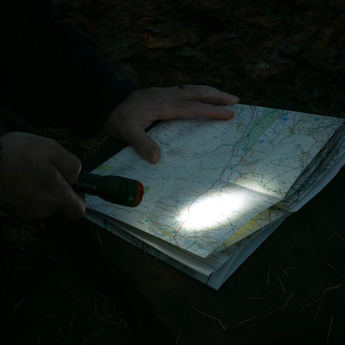 A person outdoors at night uses a Lifesystems Intensity 545 LED Hand Torch 42061 to illuminate a physical map on the ground, with hands and the flashlight visible in a dark forest setting.