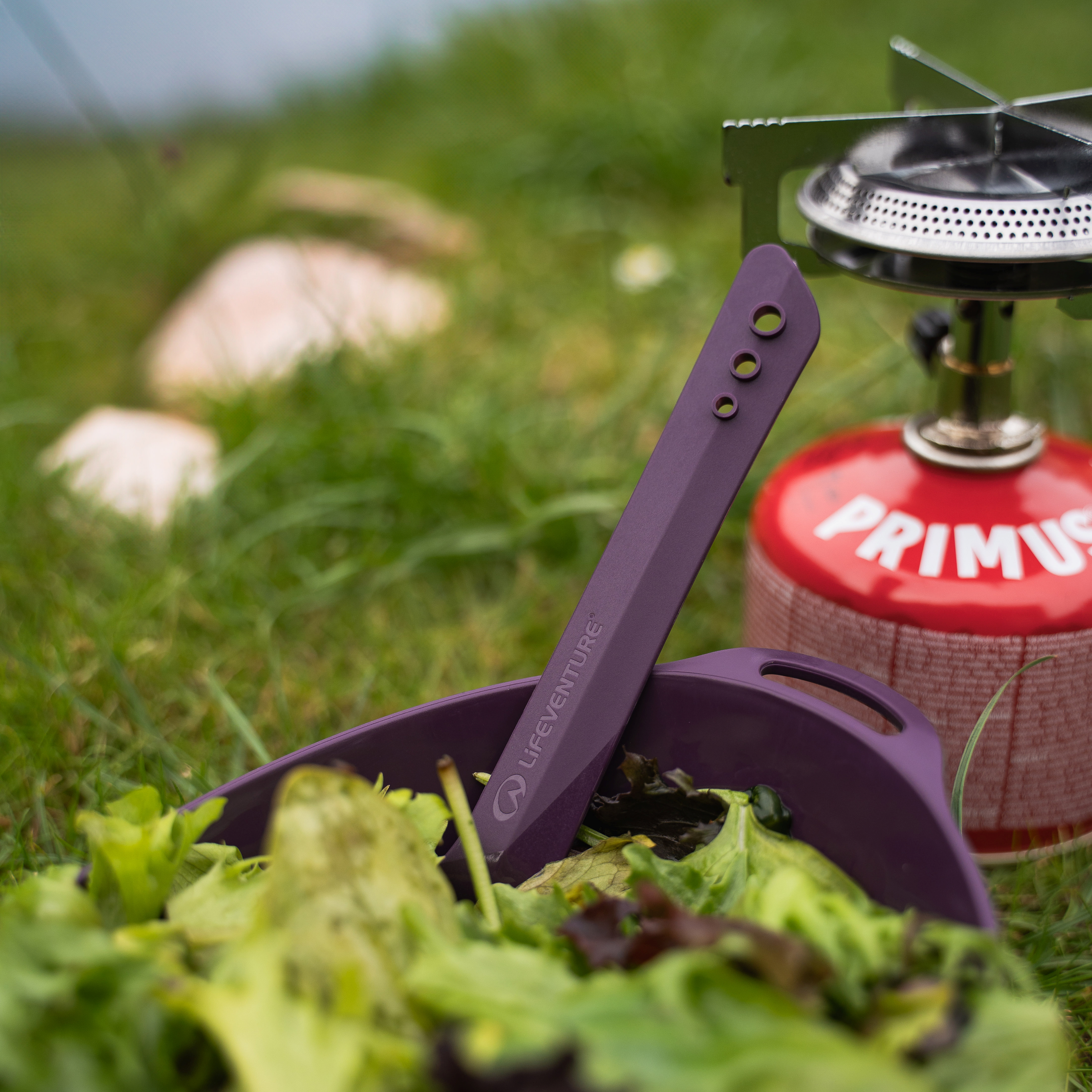 Lifeventure Ellipse 4 Piece Camping Tableware Set Purple 75806 with a salad in it beside a stove on grass, with a blurred background
