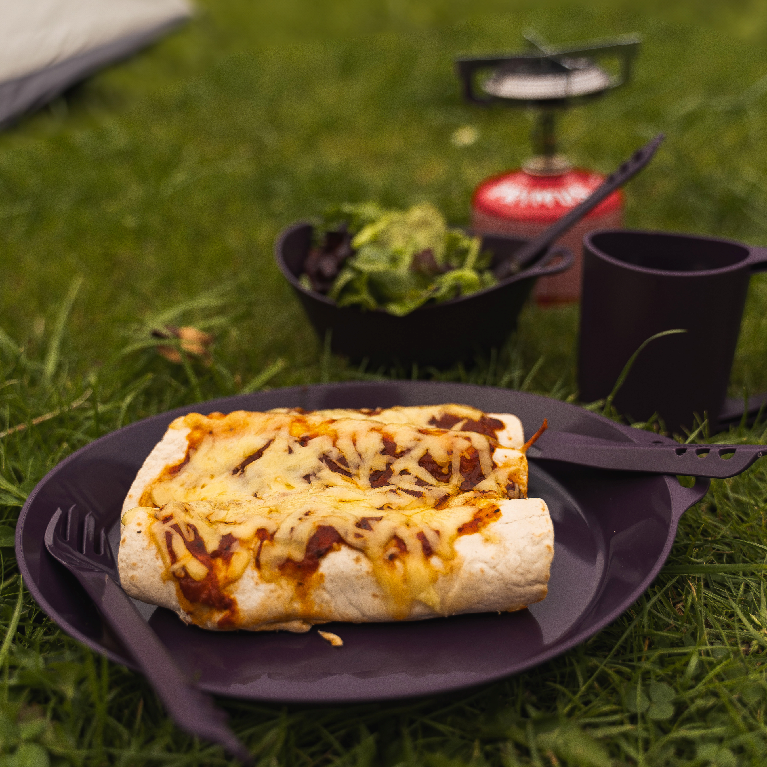 Enchilada on a Lifeventure Ellipse plate as part of the Lifeventure Ellipse 4 Piece Camping Tableware Set Purple 75806 with camping gear in the background