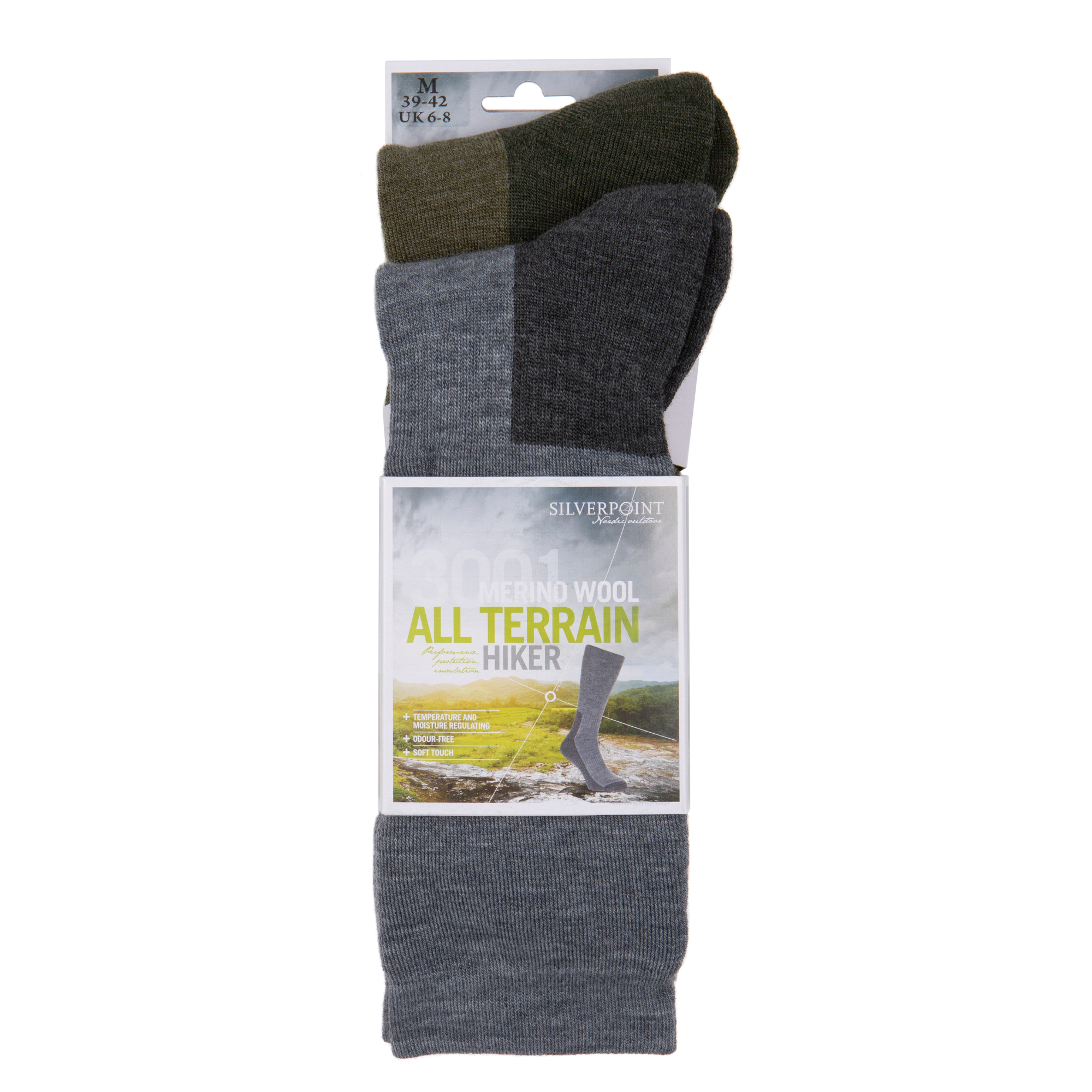 Silverpoint Unisex All Terrain Merino Hiker Socks - 2 Pair Pack (Grey/Green)