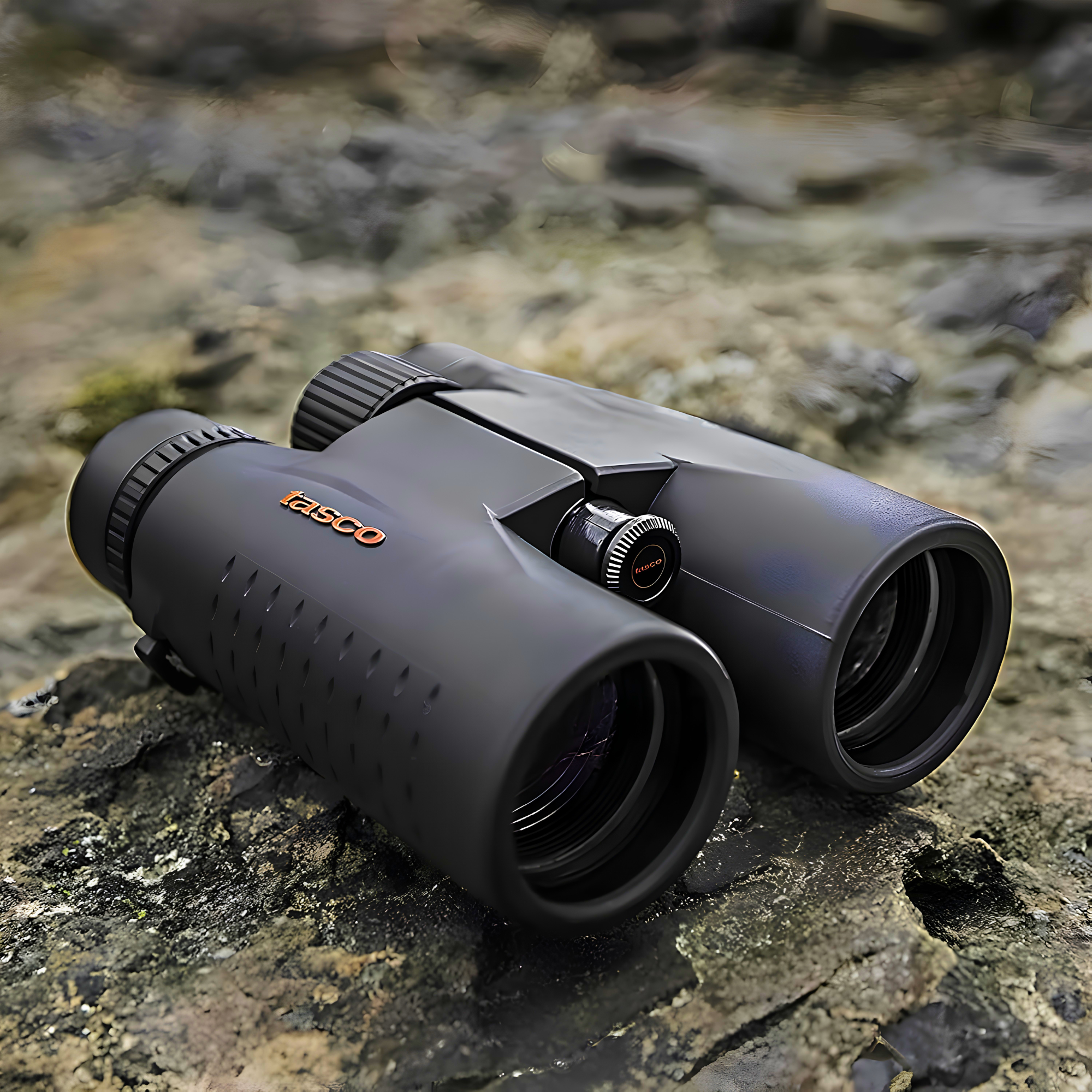 Tasco Essentials Binoculars Black 10 x 42 TAES10X42 sitting on rocky ground