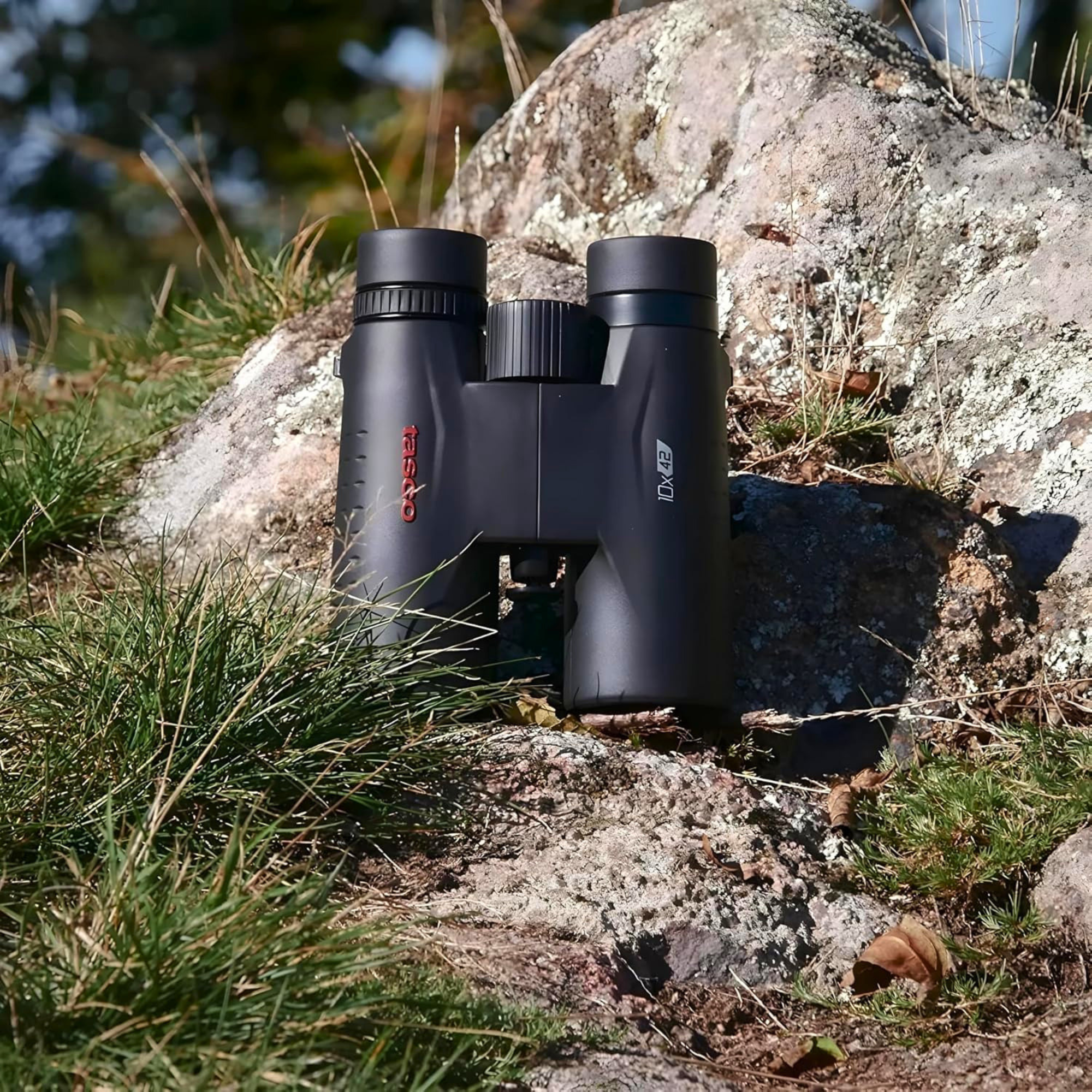 Tasco Essentials Binoculars Black 10 x 42 TAES10X42 on rocky ground