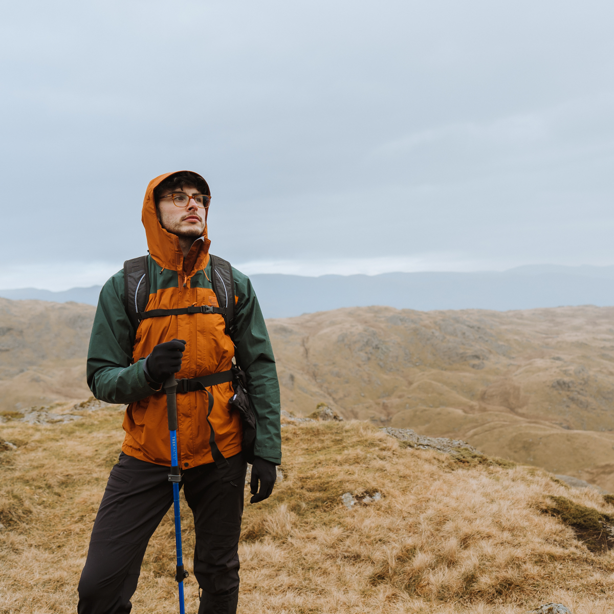 Person in outdoor gear standing on a mountain with a backpack and Trekmates Trekker Compact Single Pole Cobalt TM-008702