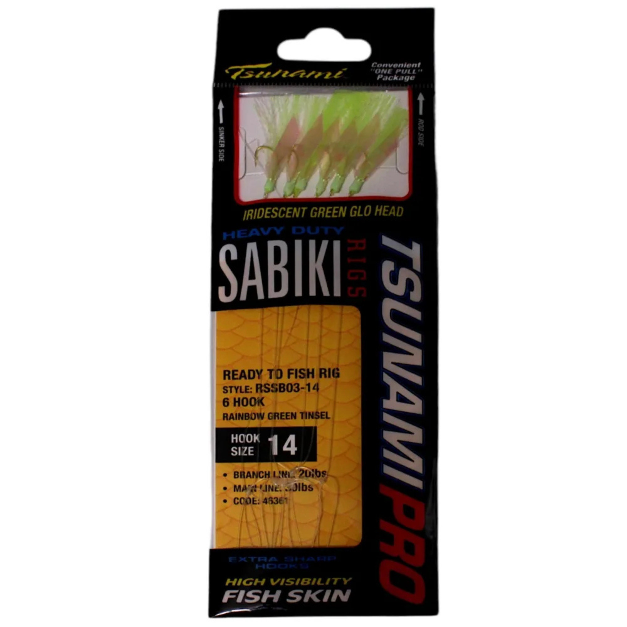Tsunami Sabiki 6 Hook Rig (Rainbow Flasher/Green Tinsel)(Size JP14)