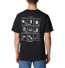 Load image into Gallery viewer, Columbia Men&#39;s Explorers Canyon Back Short Sleeve T-Shirt (Black/Campsite Icons Graphic)
